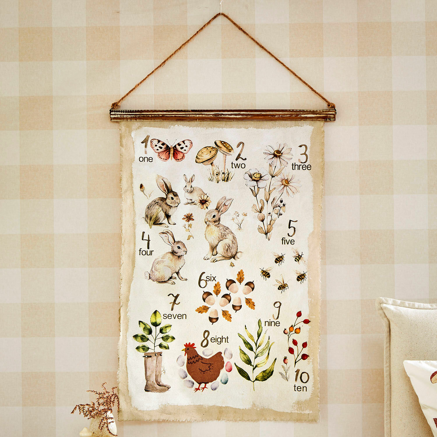 Wandbild Kalhira Dekorativer Wandbehang mit Zahlen sowie Tier- und Pflanzenillustrationen in natürlichen Farben