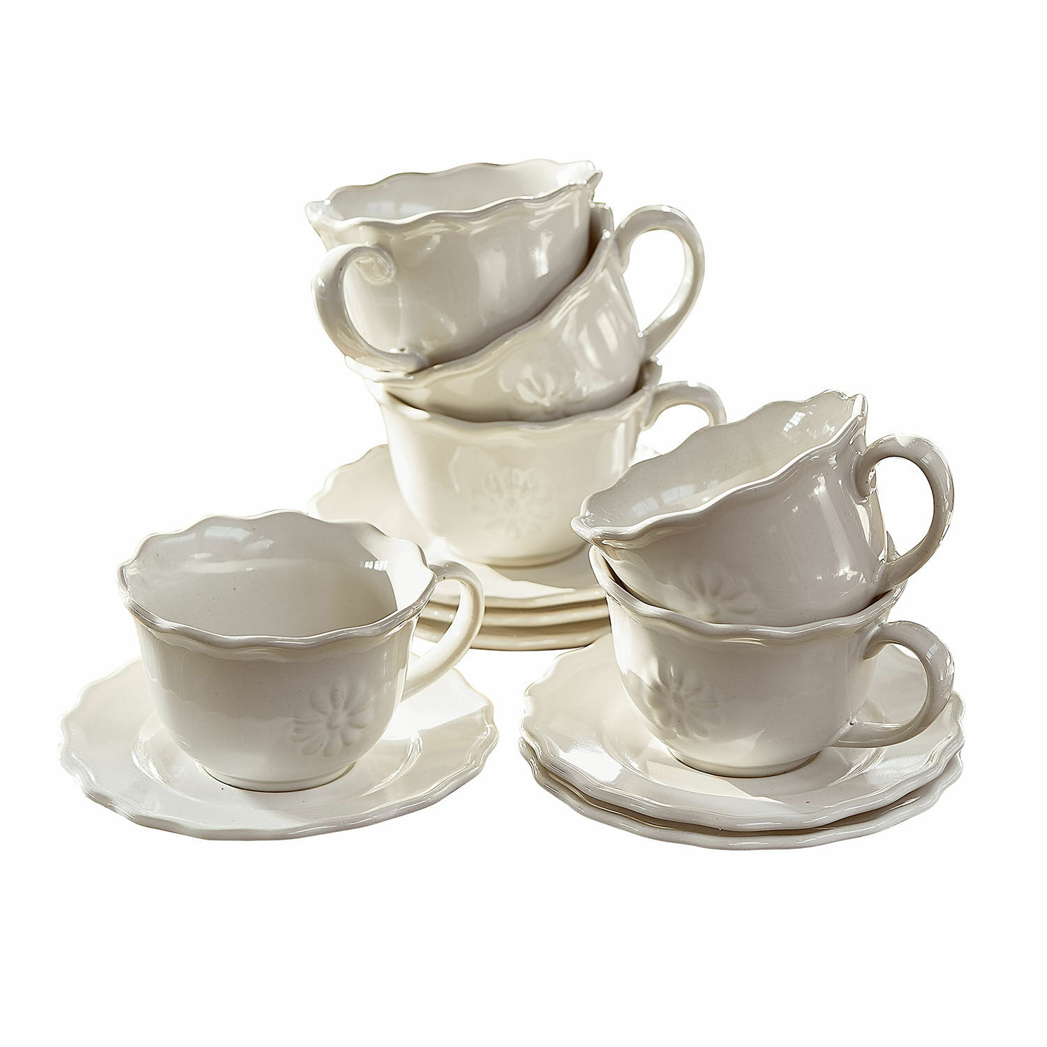 Tasse mit Unterteller 6er Set Mallevesse Set aus weissen Keramik-Tassen und Untertassen mit zartem Blumenmuster für Tee