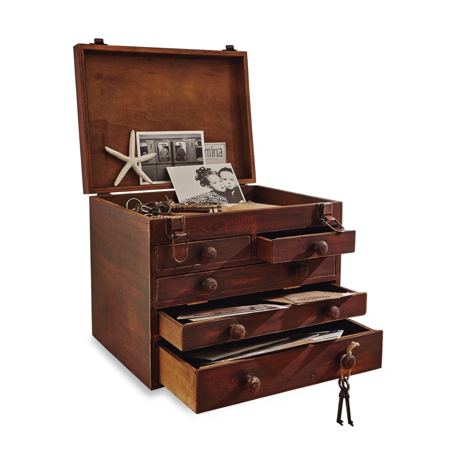 Tischsekretär Clearfield Holzkiste mit Schubladen und offenem Deckel, Schlüssel und Fotos innen, Vintage-Stil