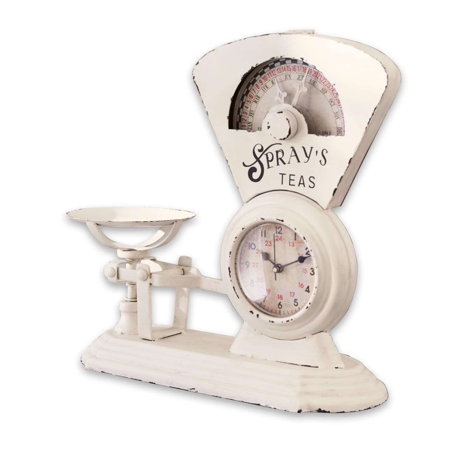 Uhr Balances Weisse Metall-Küchenwaage mit Uhr und Schriftzug Spray’s Teas im Vintage-Stil, Küchendekoration