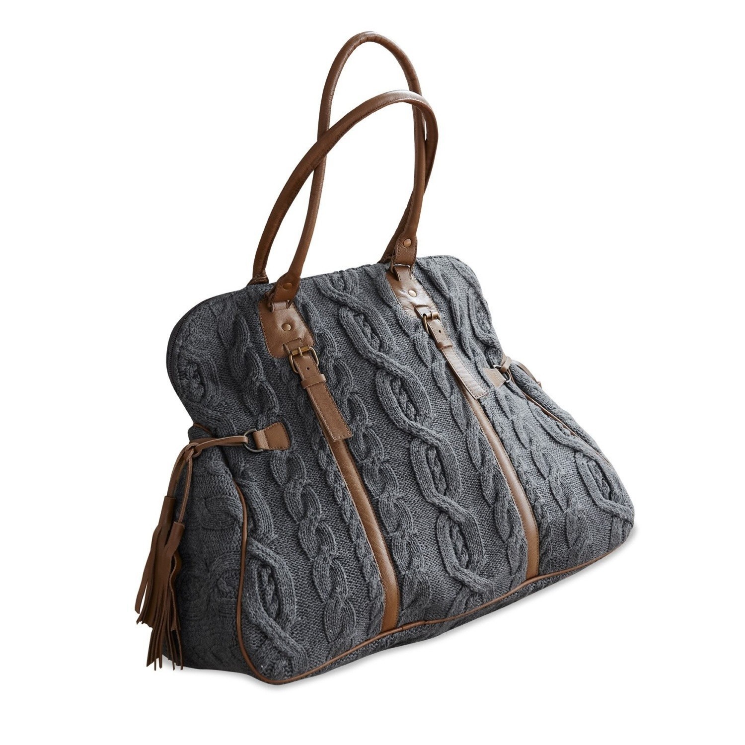 Graue Donna-Tasche aus Strick mit braunen Ledergriffen und Details, modisches Accessoire