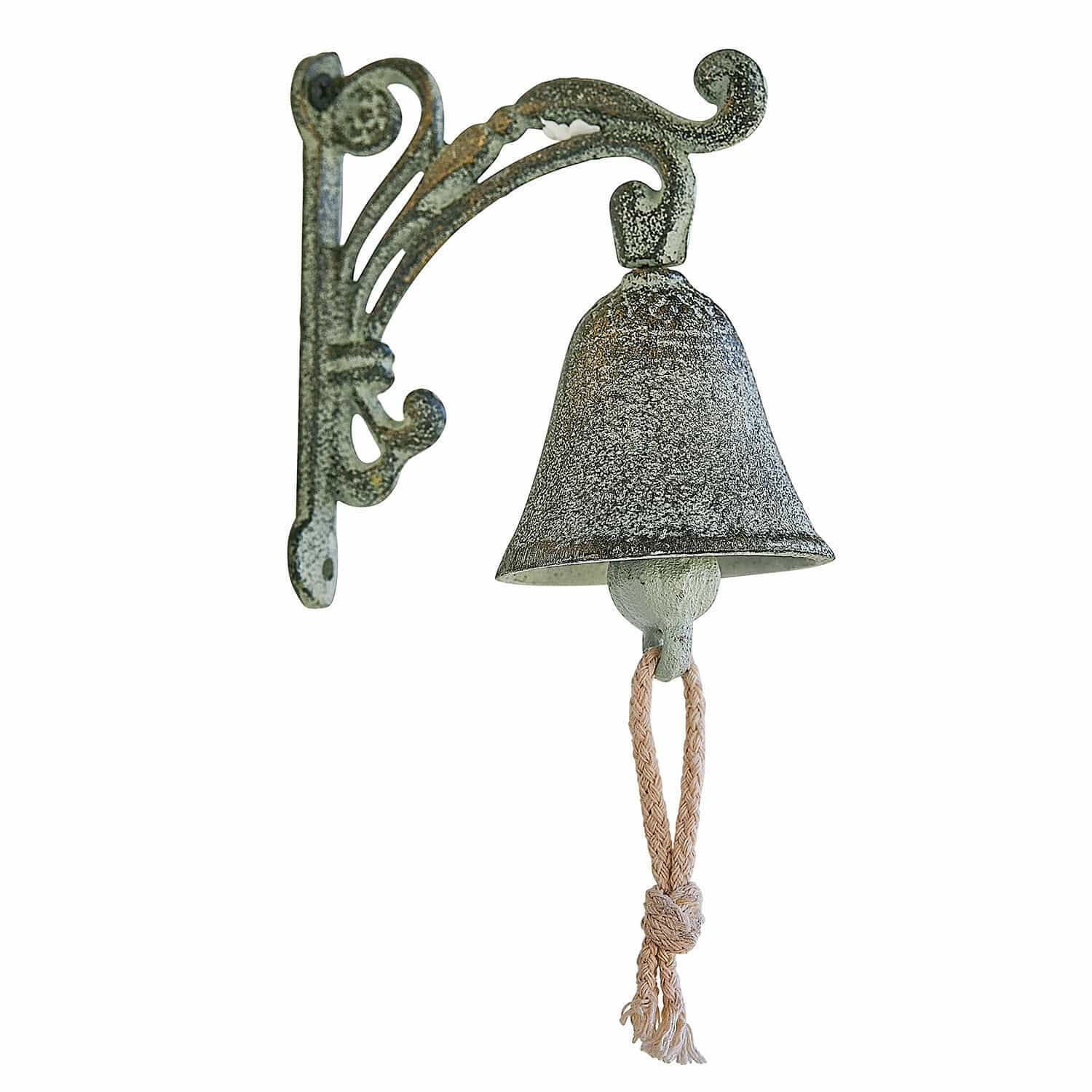 Glocke Palerina Wandglocke aus Metall im Vintage-Stil mit grün-grauer Patina und Kordelzug