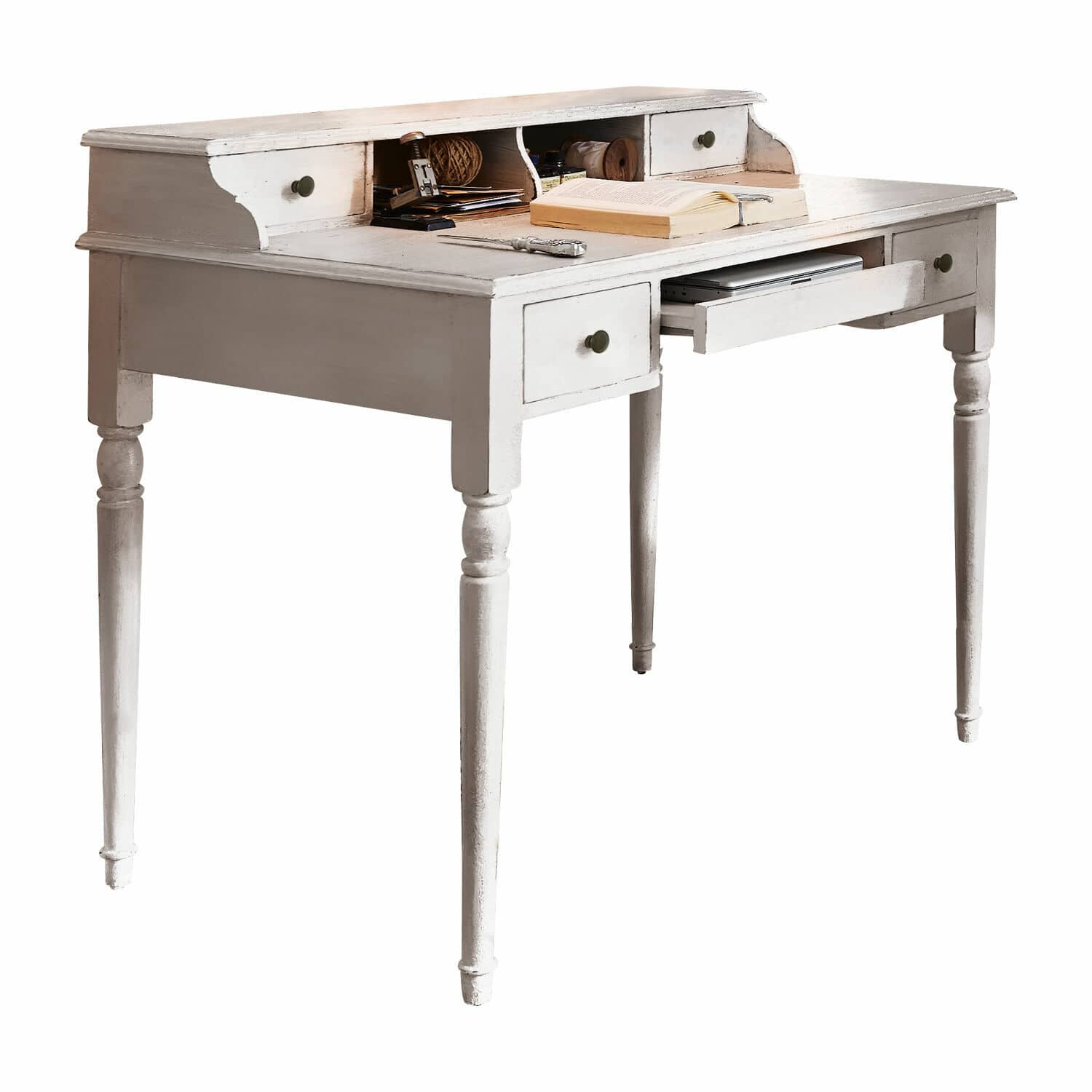 Sekretär Isabelle Weisser Holzschreibtisch mit Schubladen und Fächern im Vintage-Stil, Arbeits- und Aufbewahrungsmöbel