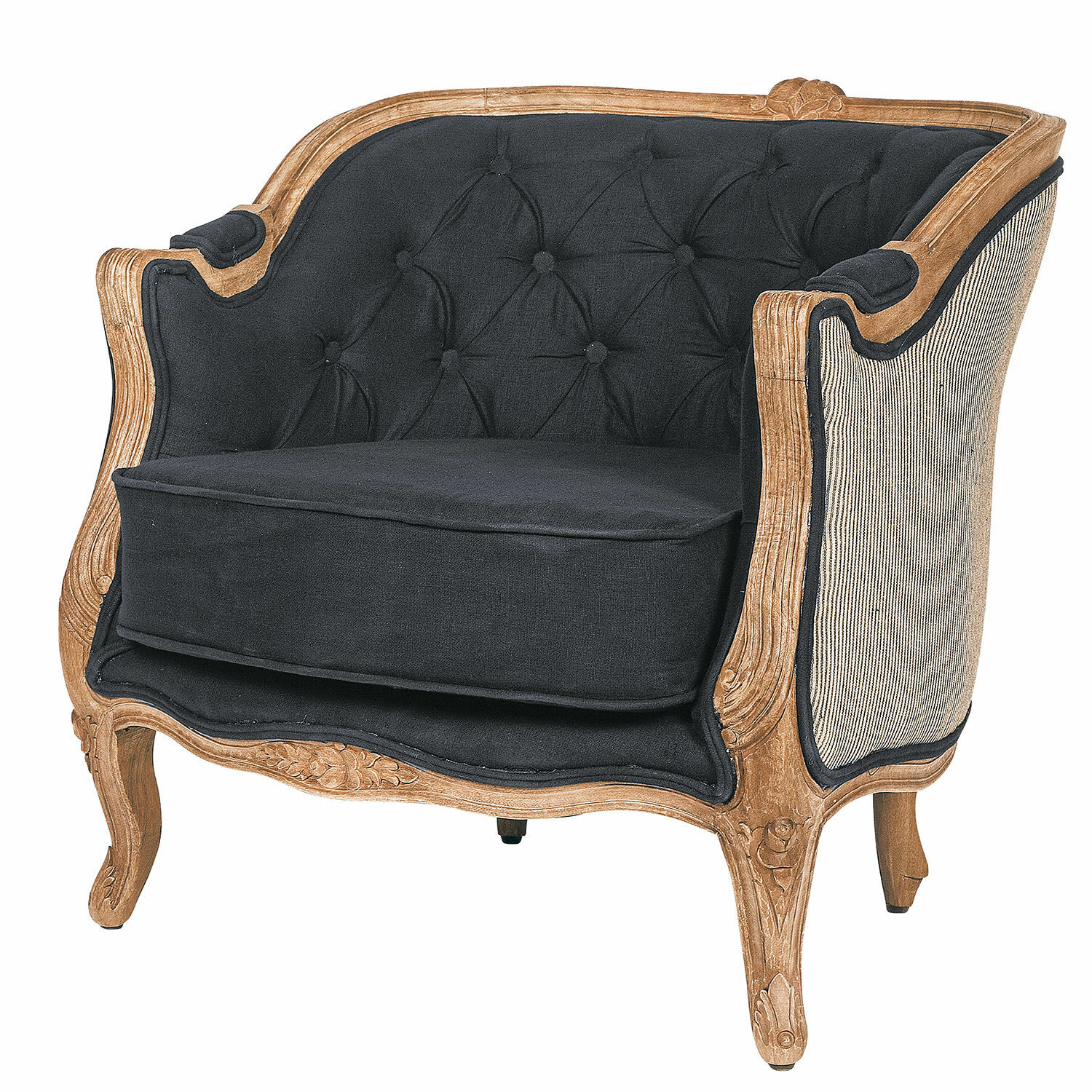 Sessel Annezay Vintage-Sessel mit geschnitztem Holzrahmen und schwarzer Polsterung, elegantes Wohnzimmermöbel