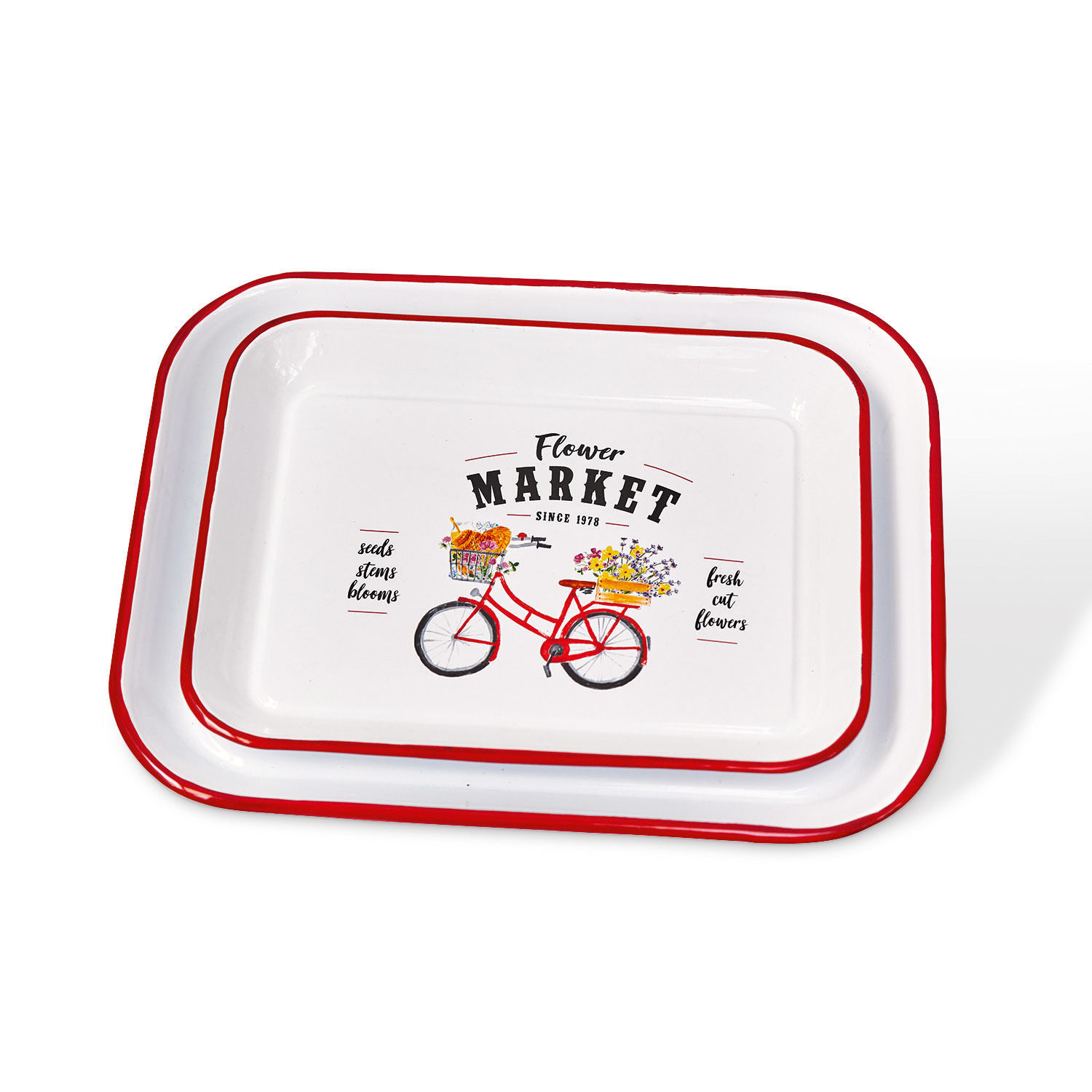 Tablett 2er Set Flower Market Set aus zwei weissen Emaille-Tabletts mit rotem Rand und Fahrradmotiv mit Blumen