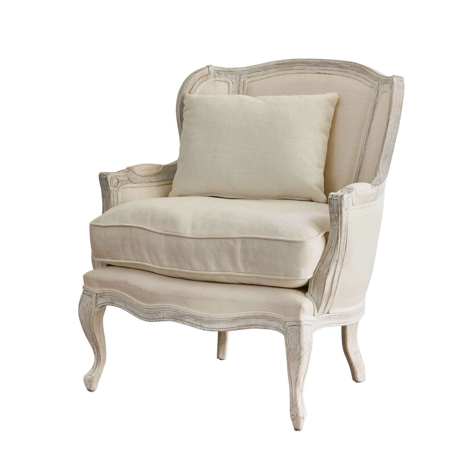 Sessel Kingswinford Klassischer Sessel aus hellem Holz und cremefarbenem Stoff, bequemer Wohnzimmerstuhl