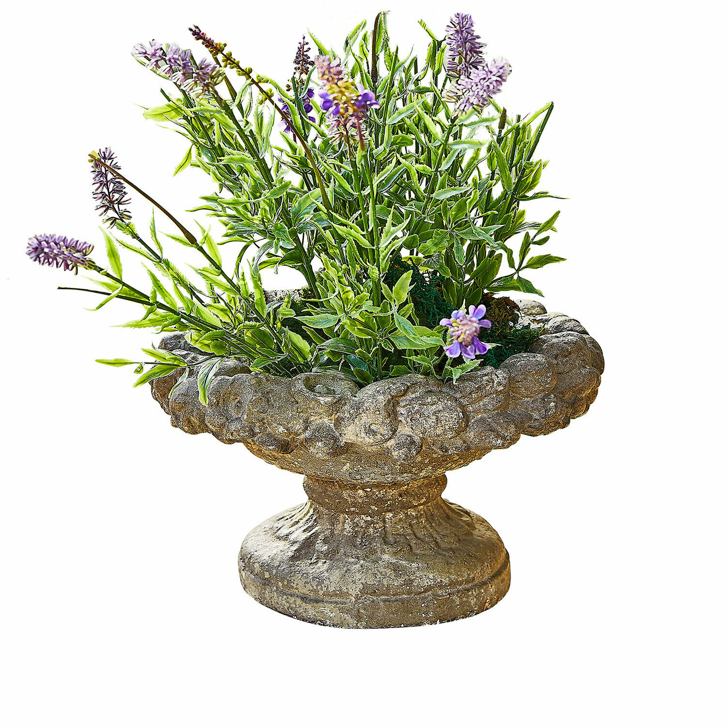 Amphore Bellivon Dekorativer Steintopf mit grünen Blättern und violetten Blüten zur Gartendekoration
