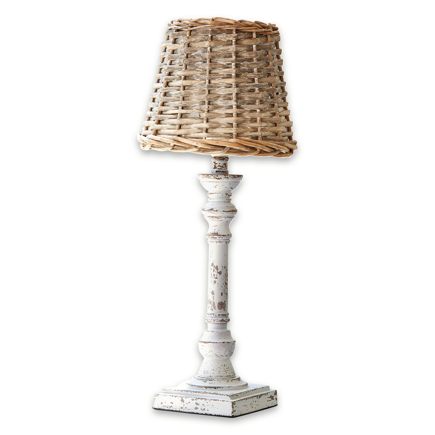 Tischlampe Noelie Tischlampe aus weissem Holz mit Shabby-Chic-Effekt und natürlichem Korbgeflechtschirm