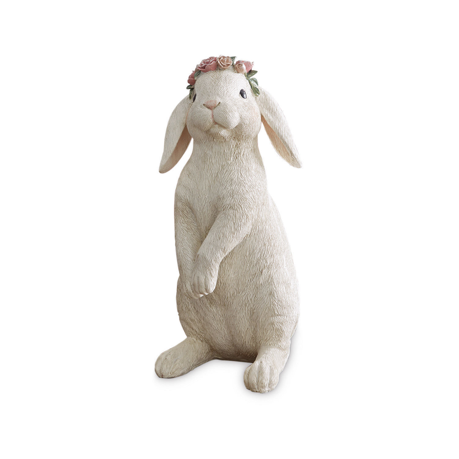 creme Kremfarbene Hasenfigur mit Blumenkranz, rustikale Dekofigur für Wohnräume