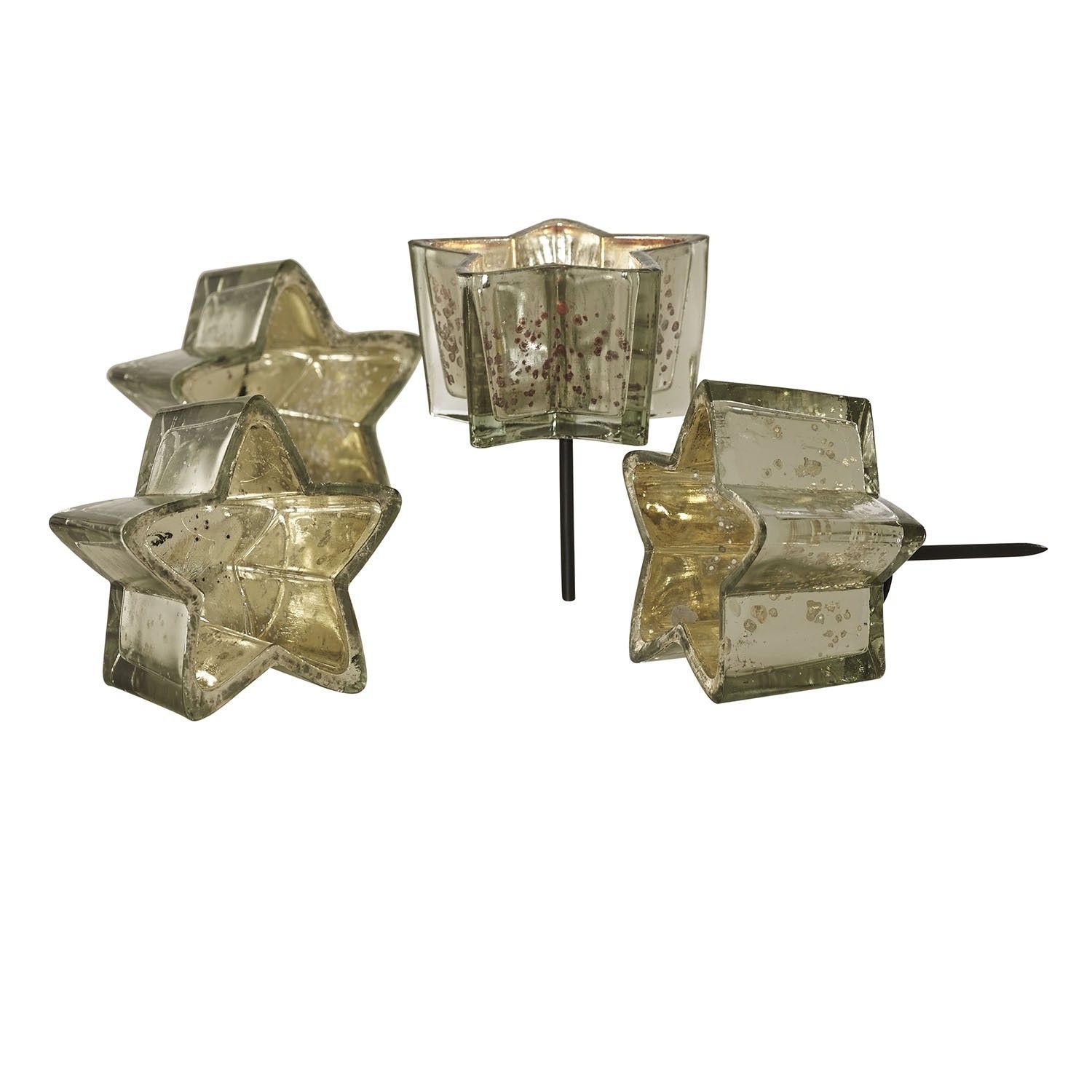 Steckwindlicht 4er Set Bernice Glas-Teelichthalter in Sternform mit Metallspitzen, goldfarbene Weihnachtsdekoration