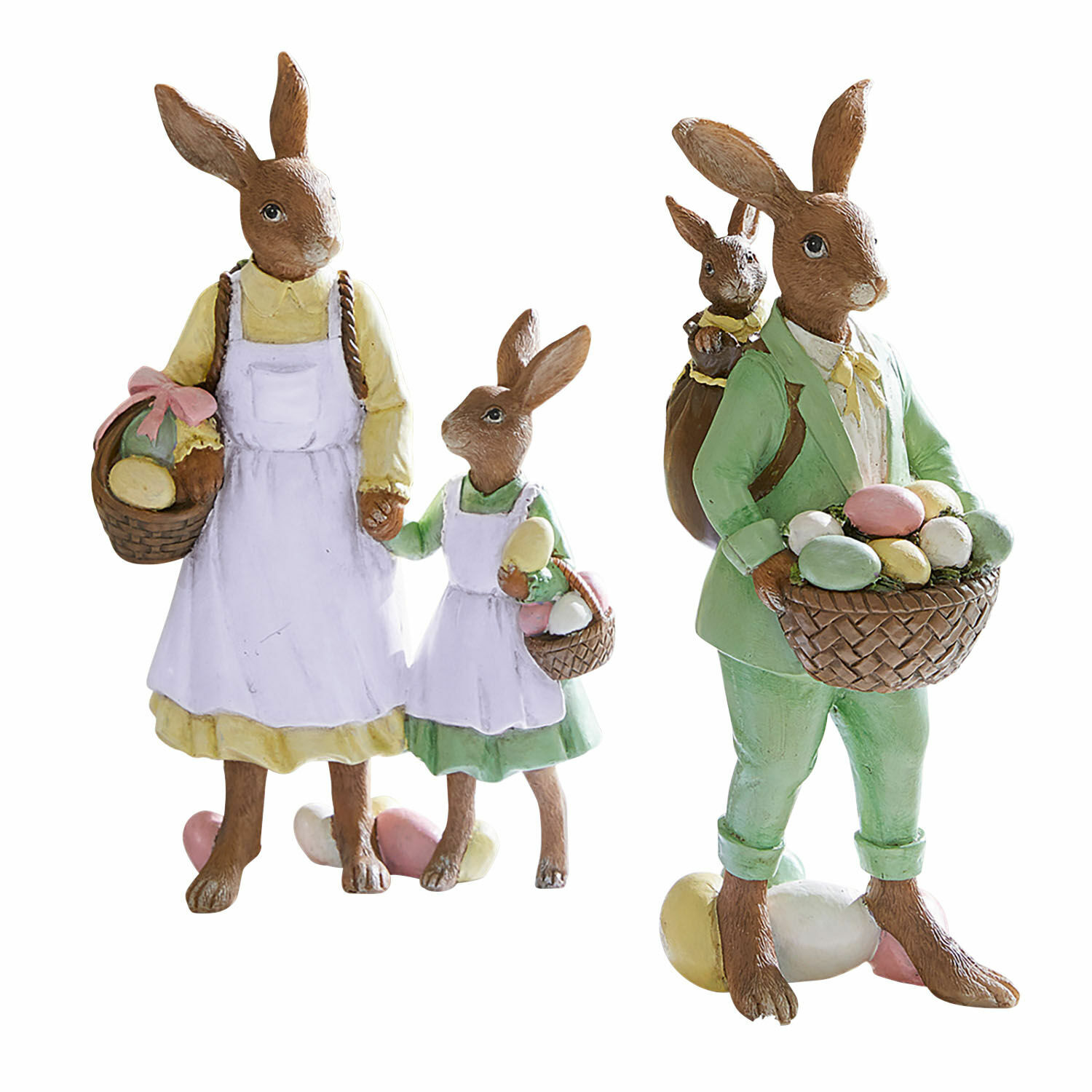 Hasen Pantina Osterhasenfiguren aus Resin mit Körben voller bunter Eier, dekorative Frühlingsdekoration
