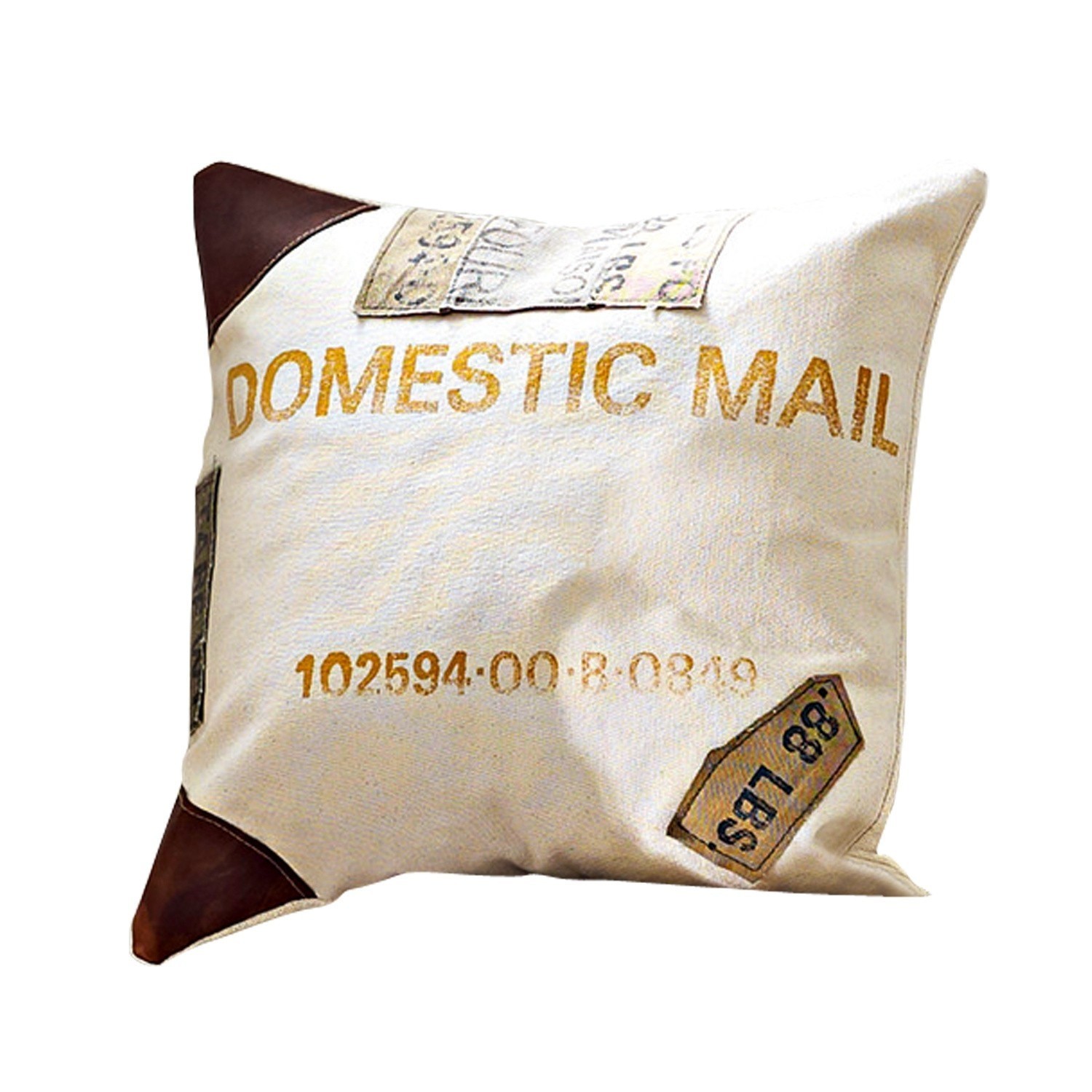 Kissen Farway Dekoratives Kissen aus Baumwolle und Leder in Creme mit Aufdruck «Domestic Mail» für das Wohnzimmer
