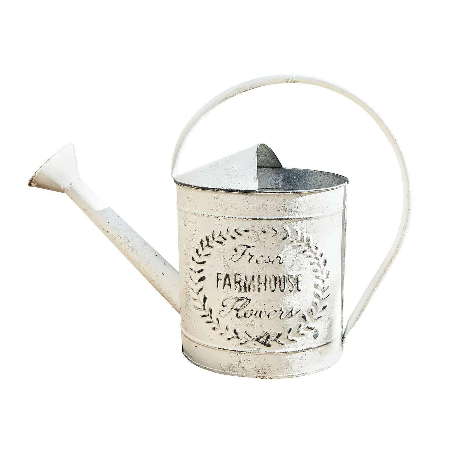Giesskanne Farmhouse Weisse Metall-Giesskanne mit Schriftzug Fresh Farmhouse Flowers im rustikalen Stil