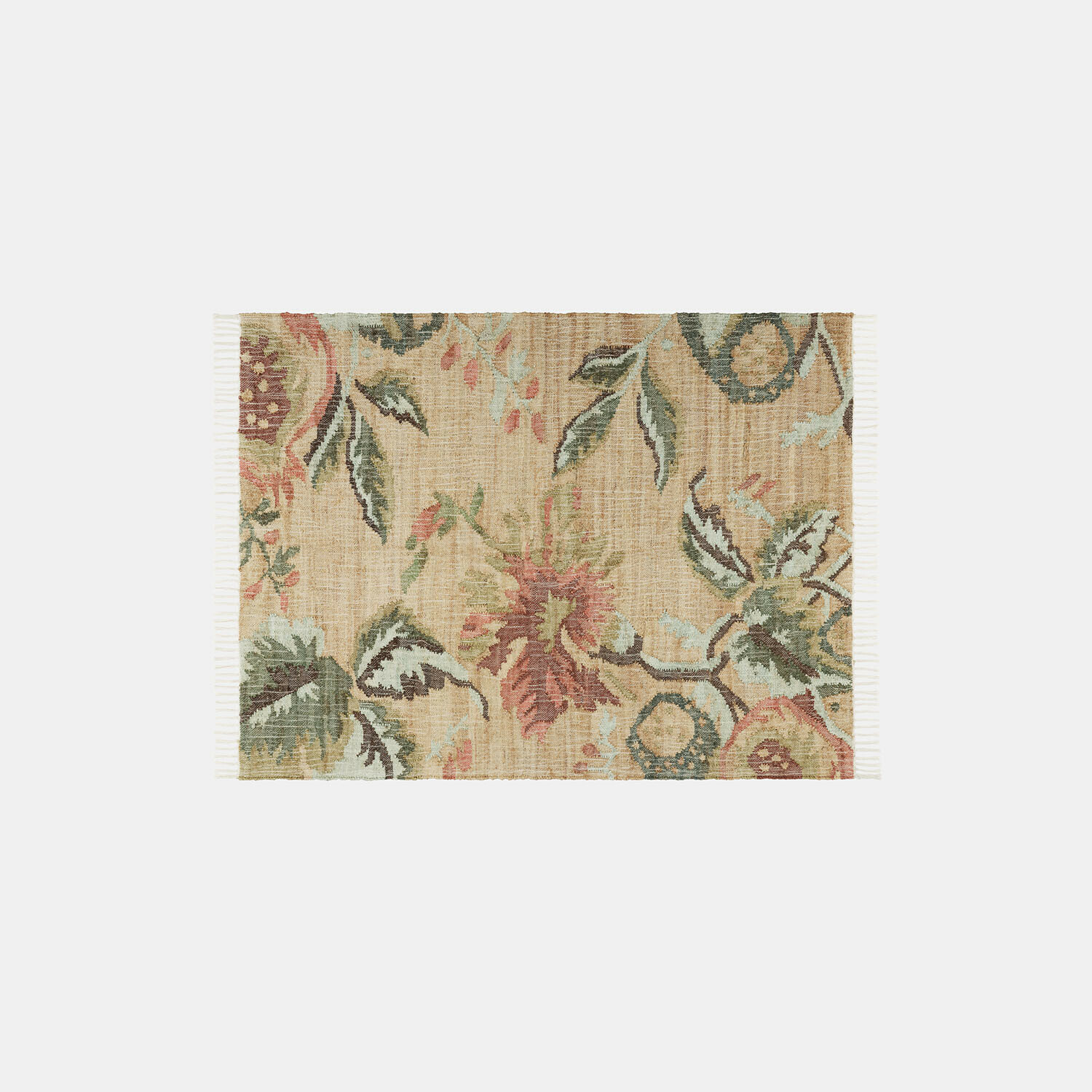 Teppich Lorviano Teppich aus Naturmaterial in Beige mit Blumenmuster und grünen Blättern für Wohnräume