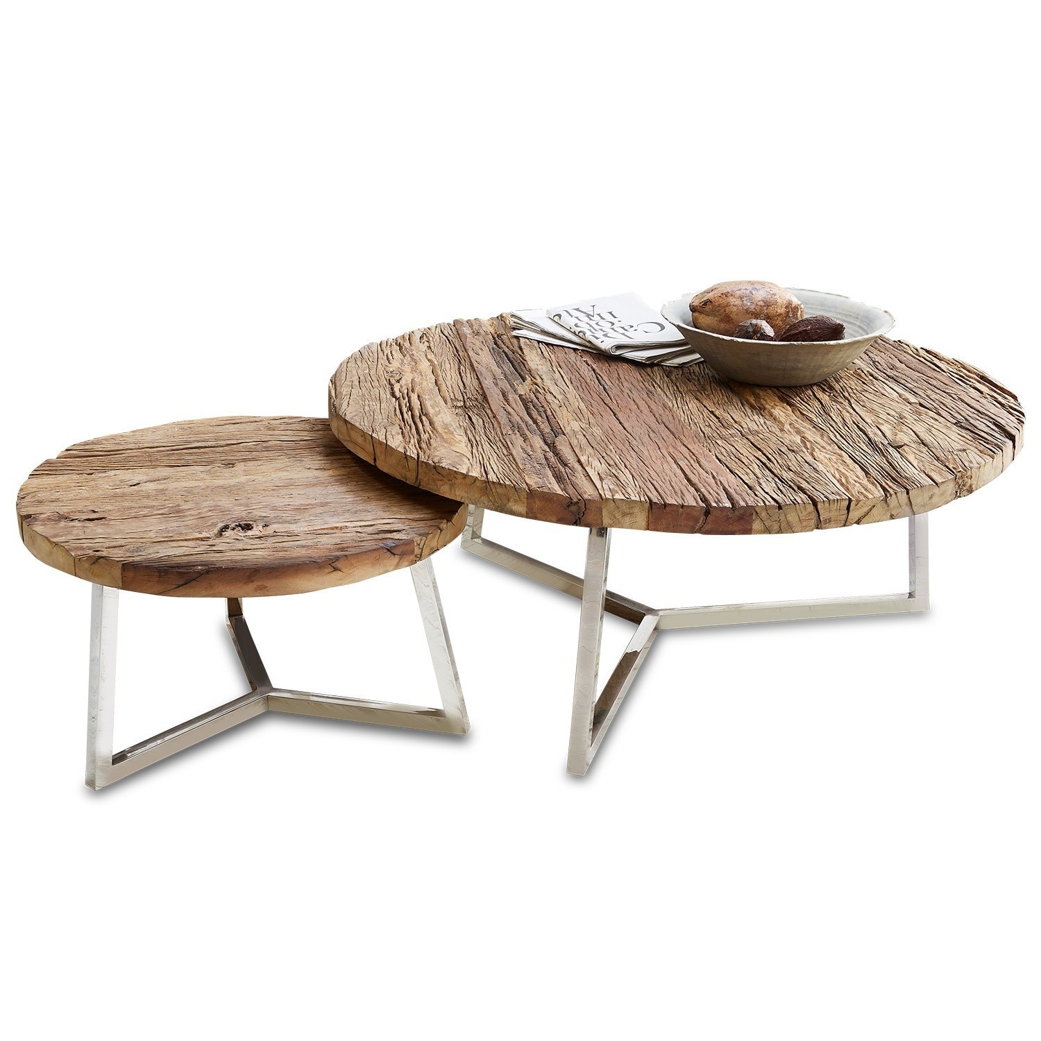 Couchtisch 2er Set Nevada Zweier-Set runde Couchtische mit Holzplatte und silberfarbenen Metallbeinen im modernen Design
