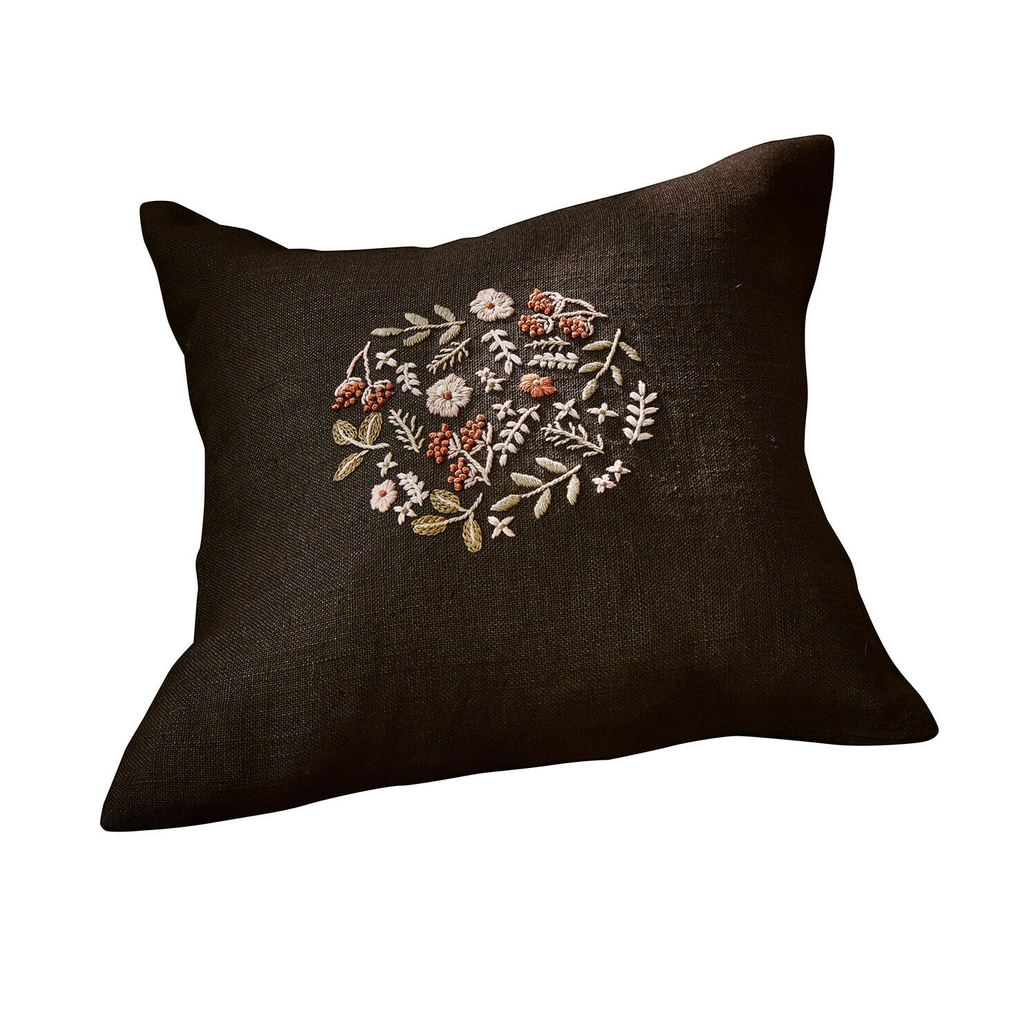 Kissenhülle Mireve Dunkelbraunes Leinenkissen mit floraler Stickerei, dekorativ für Wohn- und Schlafzimmer
