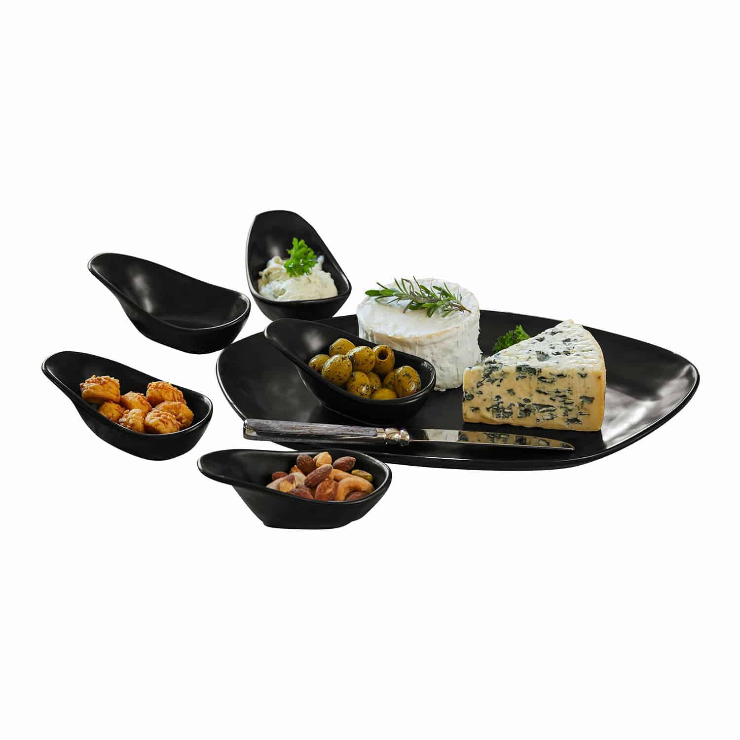 Servierschälchen 6er Set Biarré Schwarzes Keramik-Servierset mit Käse, Oliven und Nüssen auf elegantem Tablett