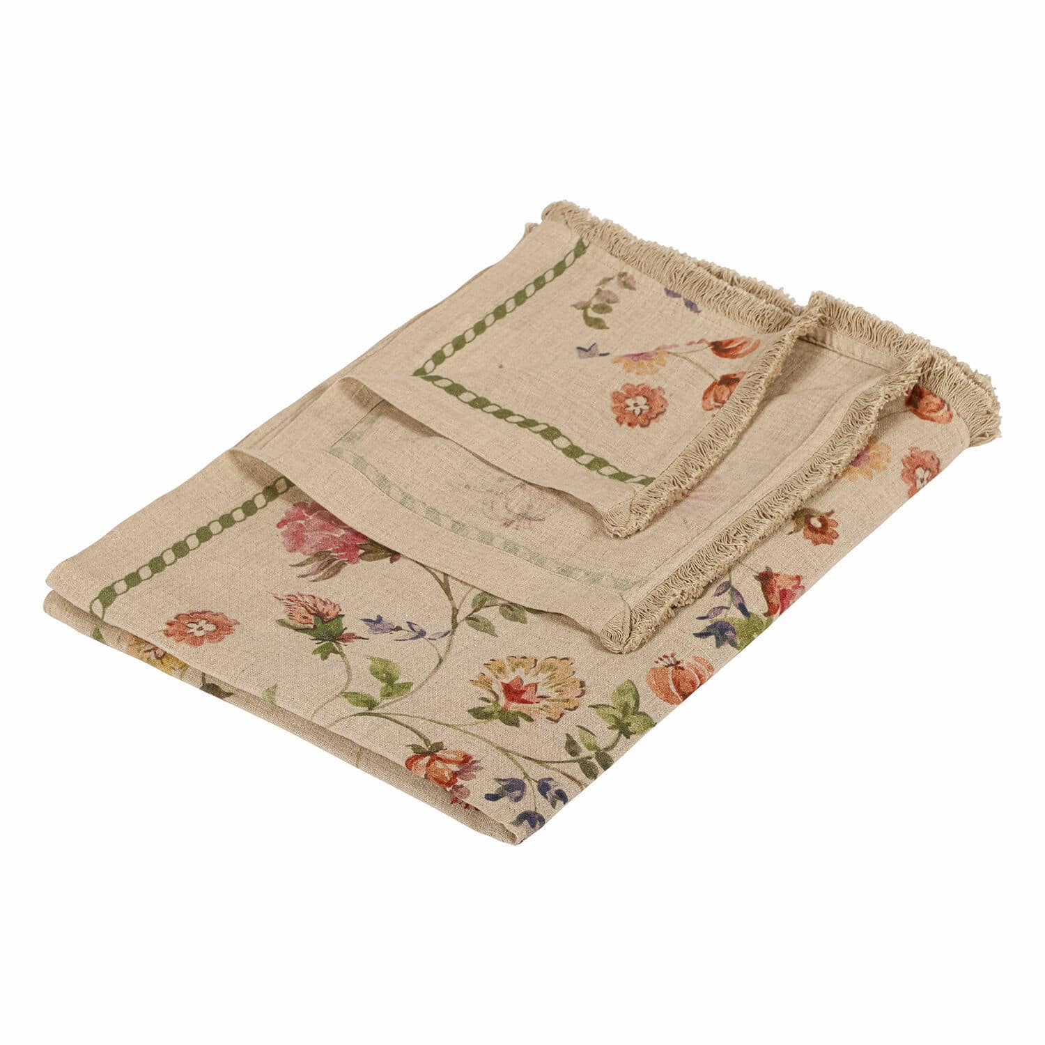 Plaid Karratha Leinentischdecke in Beige mit floralem Muster und Fransen, rustikales Tischdekor