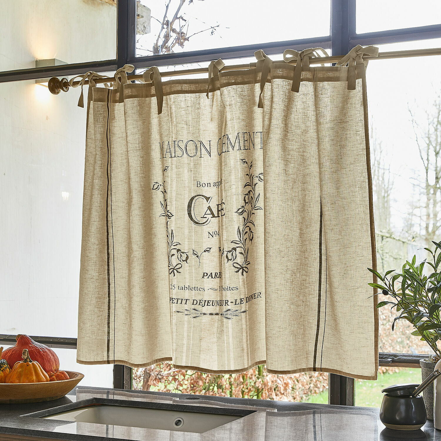 Scheibengardine Girest Beiger Leinenvorhang mit schwarzem Kaffee-Motiv, Küchenfensterdekoration aus natürlichem Material