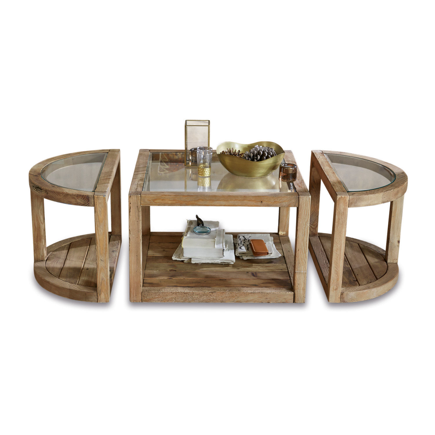 Couchtisch Hyllorian Set aus Couchtischen aus Holz und Glas in Naturfarbe, praktisches und stilvolles Wohnzimmermöbelstück