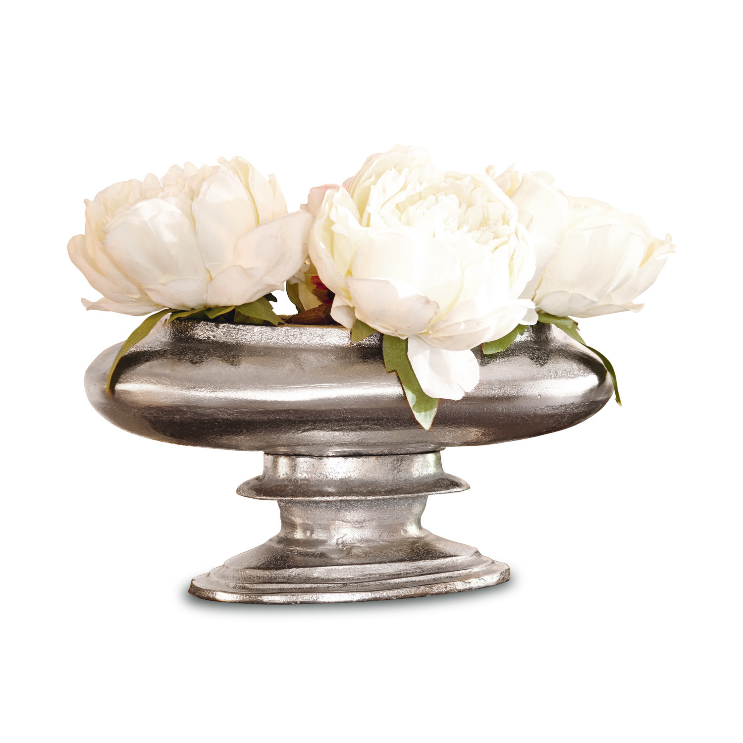 Vase Loyère Dekorative silberne Metallschale mit weissen Blumen für Wohnräume und Dekoration