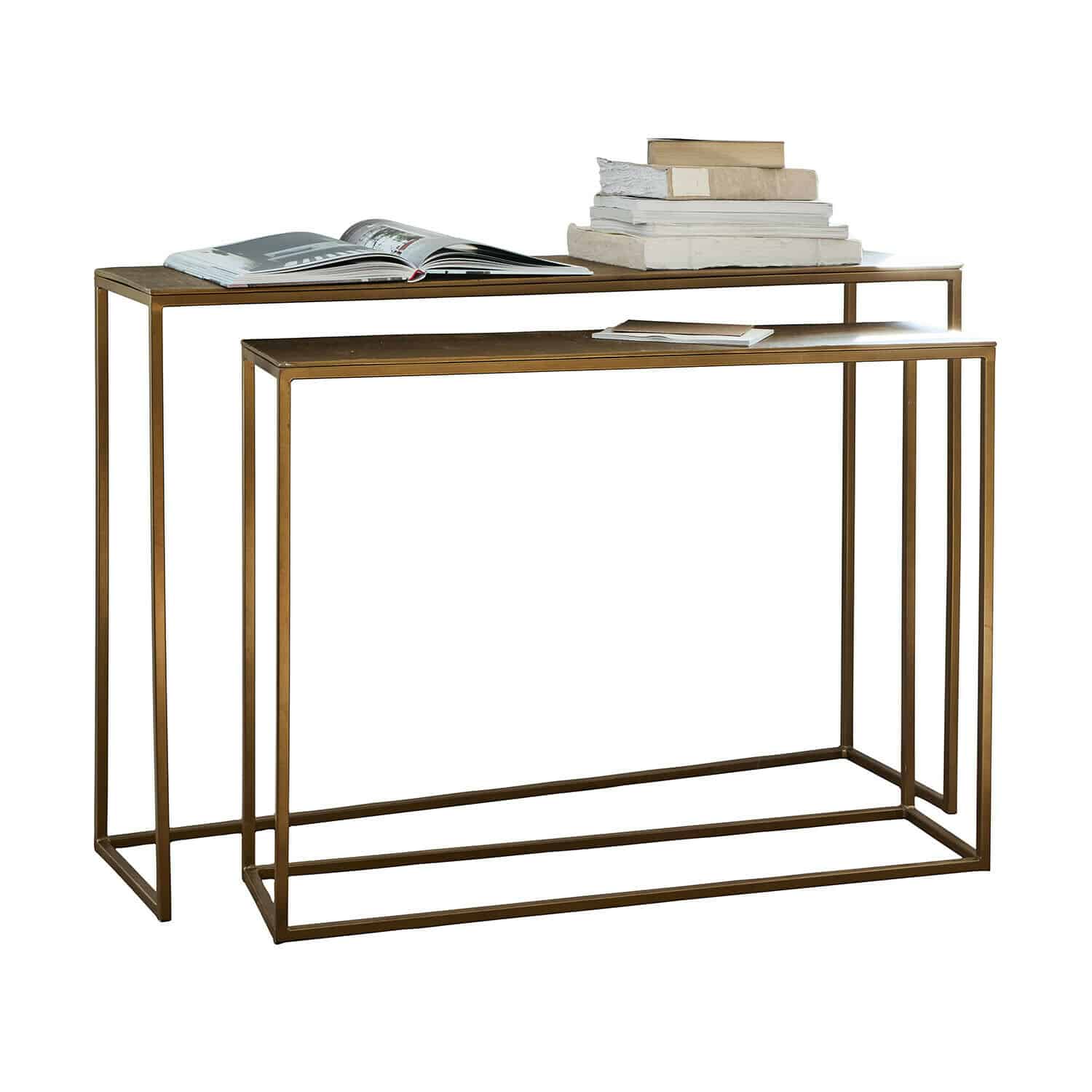 Konsole 2er Set Olvenzo Zweiteiliges Set Metalltische in Messingfarbe mit Büchern, modernes minimalistisches Design
