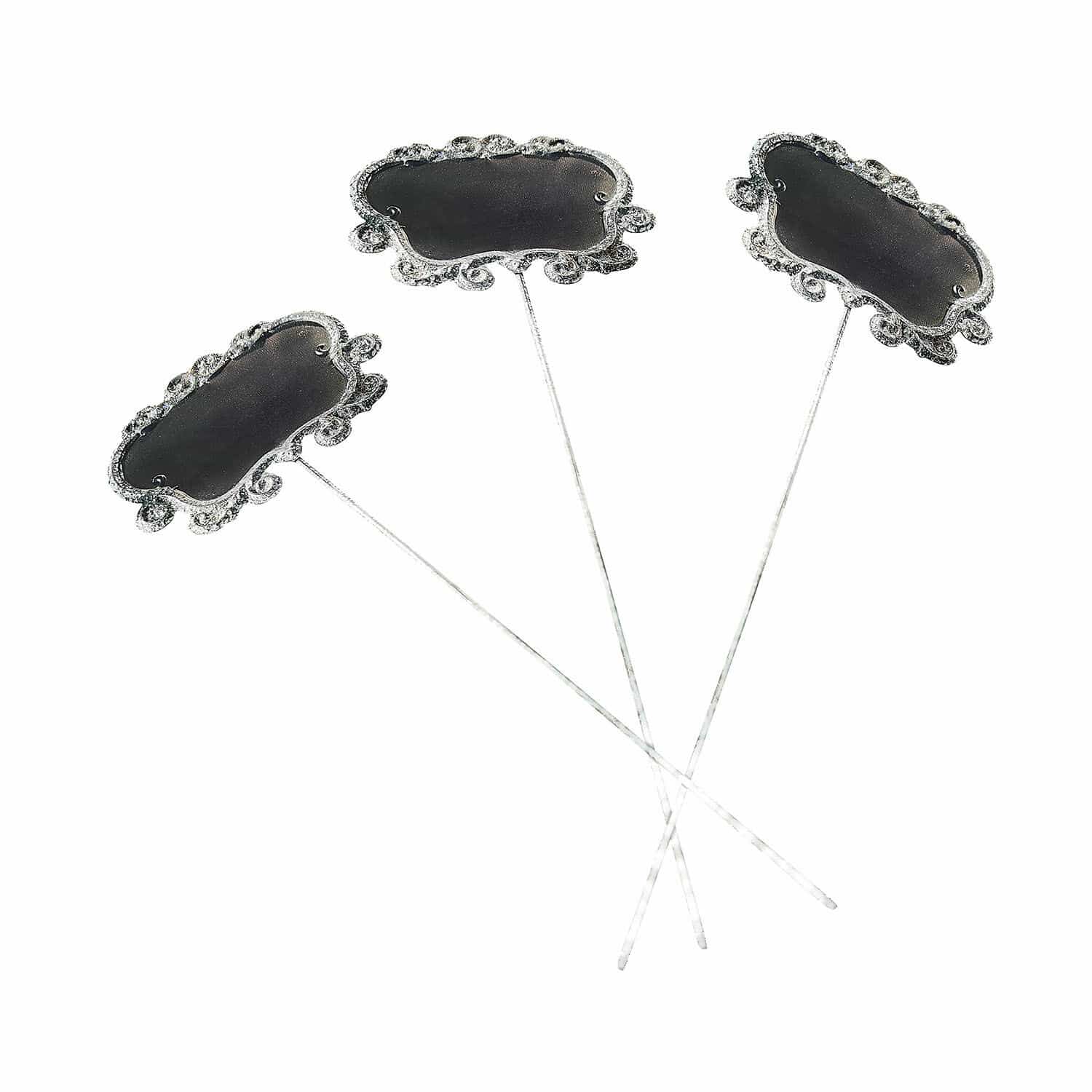 Pflanzenstecker 3er Set Trevalin Drei silberne Metallpflanzenschilder mit dekorativem Rahmen zum Beschriften im Garten.