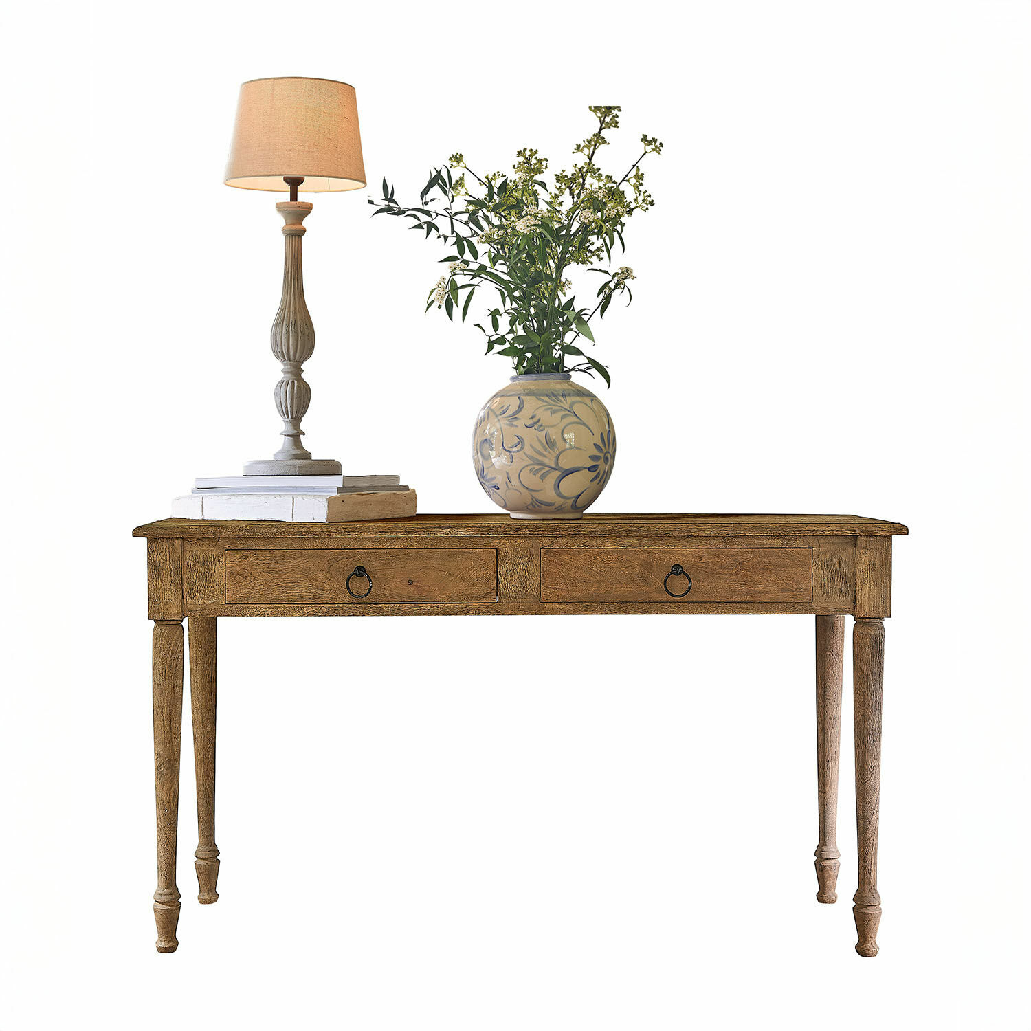 Konsole Jovrac Holztisch mit zwei Schubladen, darauf eine Lampe und eine Keramikvase mit grünen Blumen
