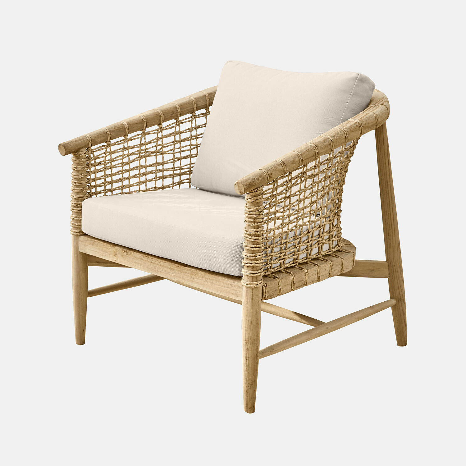 Sessel Roselva Stuhl aus Holz und geflochtenem Material mit hellbeigem Kissen, elegantes Wohnzimmermöbel