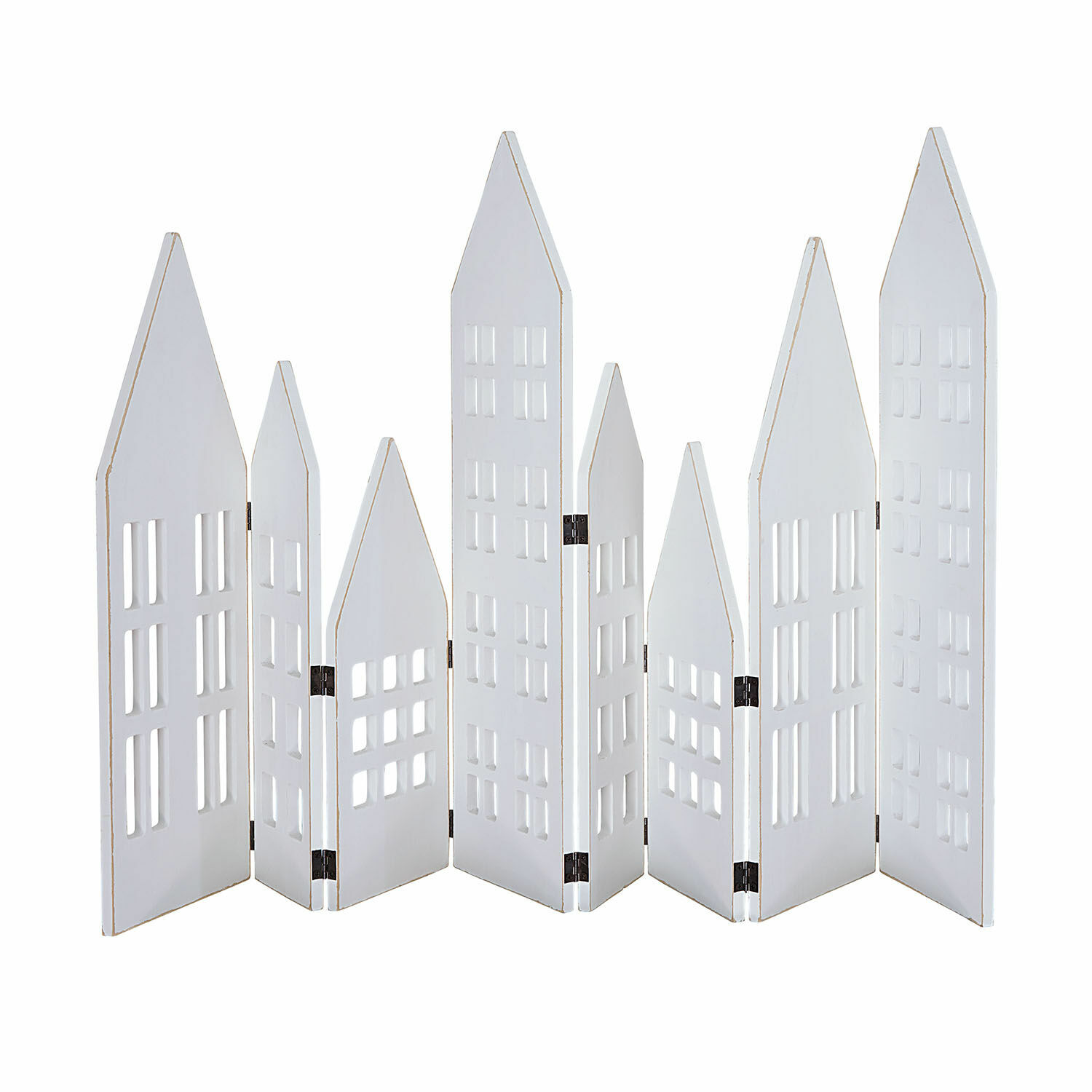 Deko-Shutter Cottages Weisser Holz-Paravent mit ausgeschnittenen Fenstern in Hausform, dekoratives Wohnaccessoire