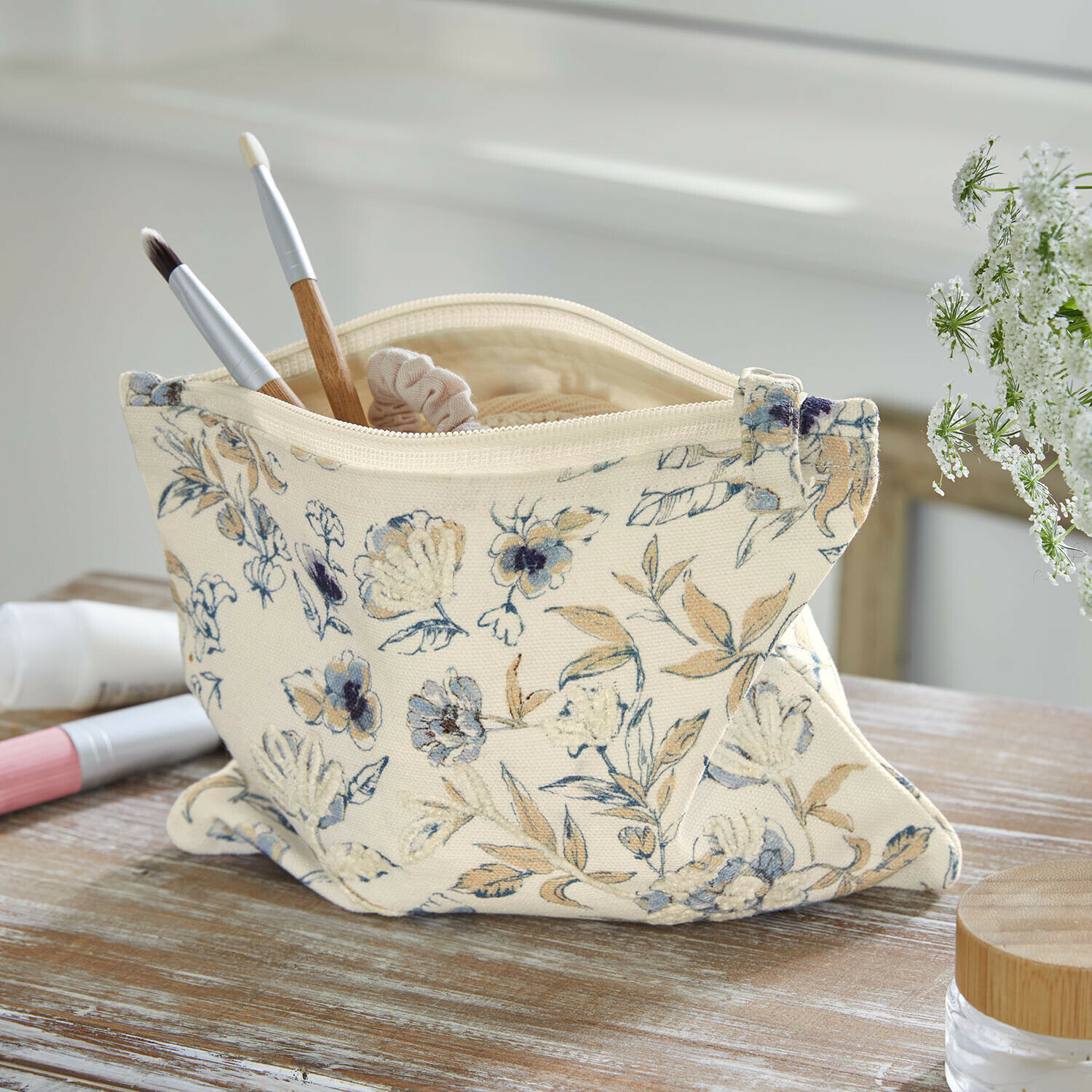Täschchen Hazelwick Beige Baumwoll-Kosmetiktäschli mit Blumenmuster, ideal für Pinsel und Make-up-Zubehör