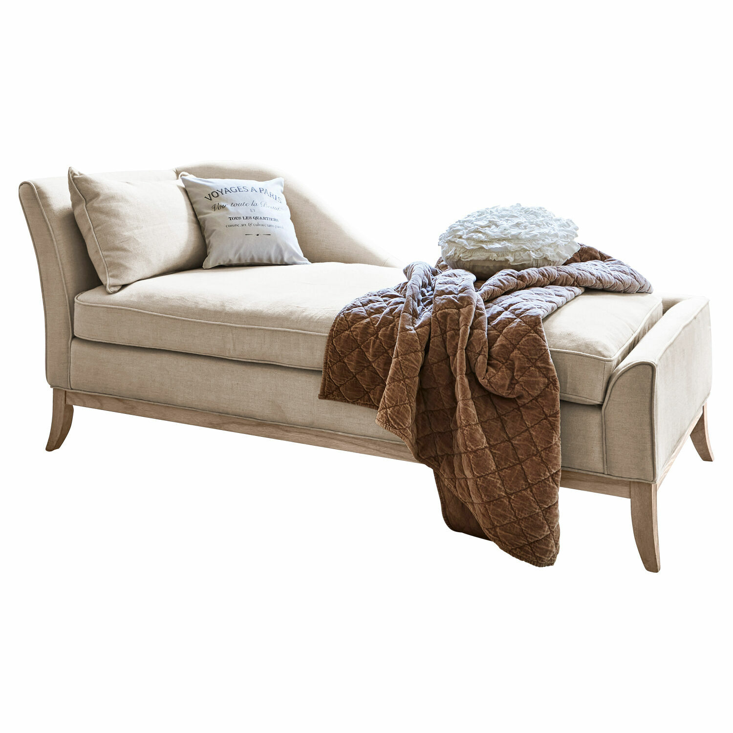Chaiselongue Alphonse Beige gepolsterte Chaiselongue mit Holzgestell und brauner Steppdecke für das Wohnzimmer
