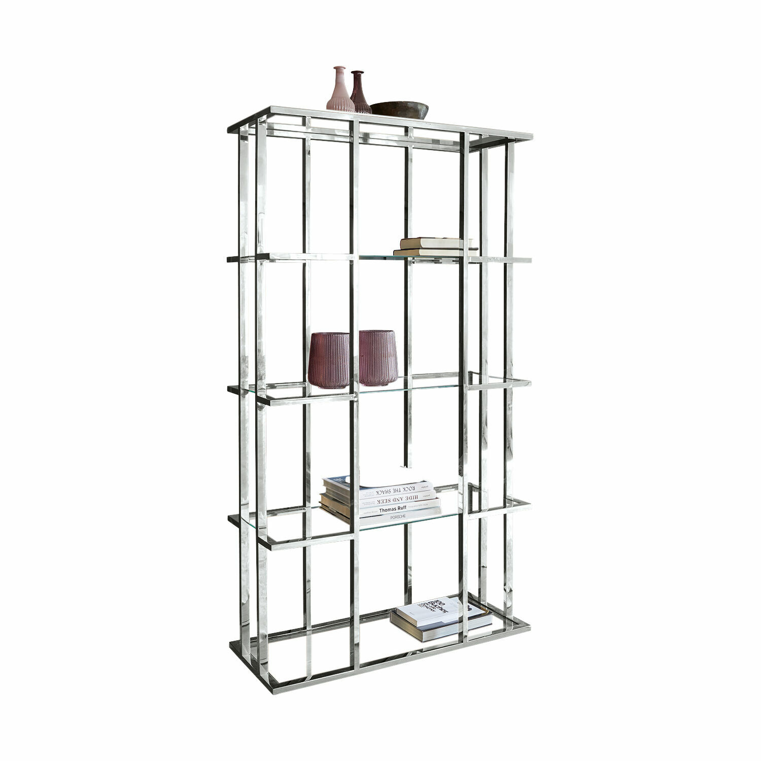 Regal Dacre Modernes silbernes Metallregal mit Glasböden, dekorativen Vasen und Büchern darauf