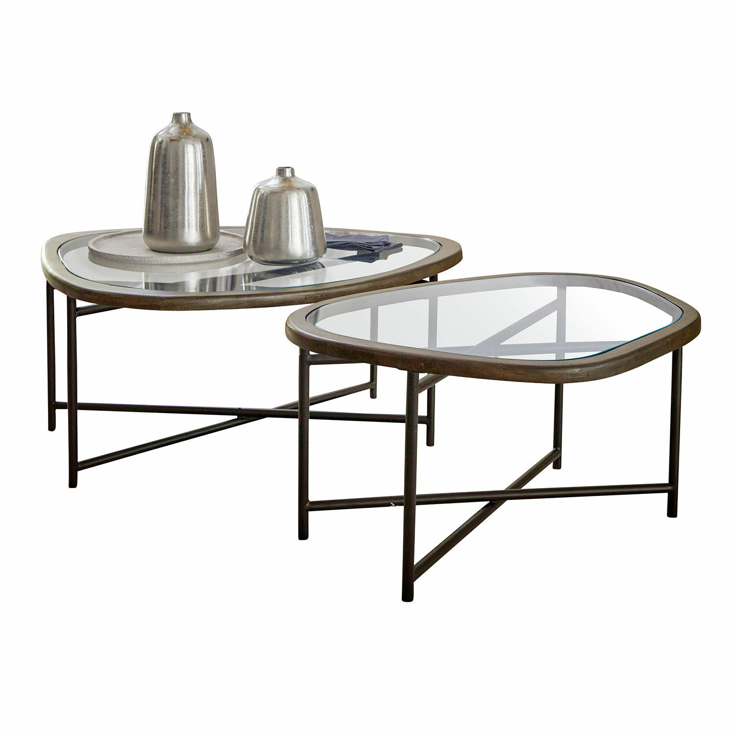 Couchtisch 2er Set Kembria Zweier-Set Couchtische mit Metallgestell und braunen Glasplatten