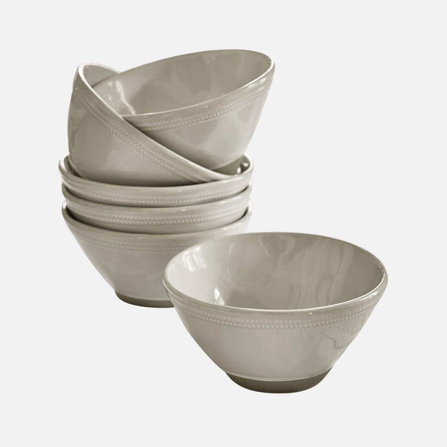 Schüssel 6er Set Norrvik Set mit sechs cremefarbenen Keramikschalen mit feinem Randmuster, ideal zum Servieren von Suppen