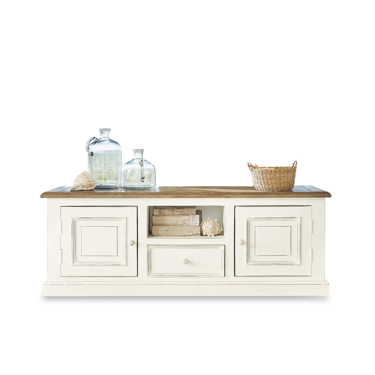 Sideboard Cogolin Weisse Holzkommode mit Schublade und Fächern, Naturholzplatte, Glasdekorationen und Korb