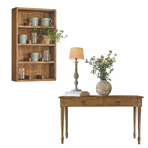 Wandregal und Tisch aus Holz in Naturfarbe mit Schubladen für Wohnzimmer oder Esszimmer