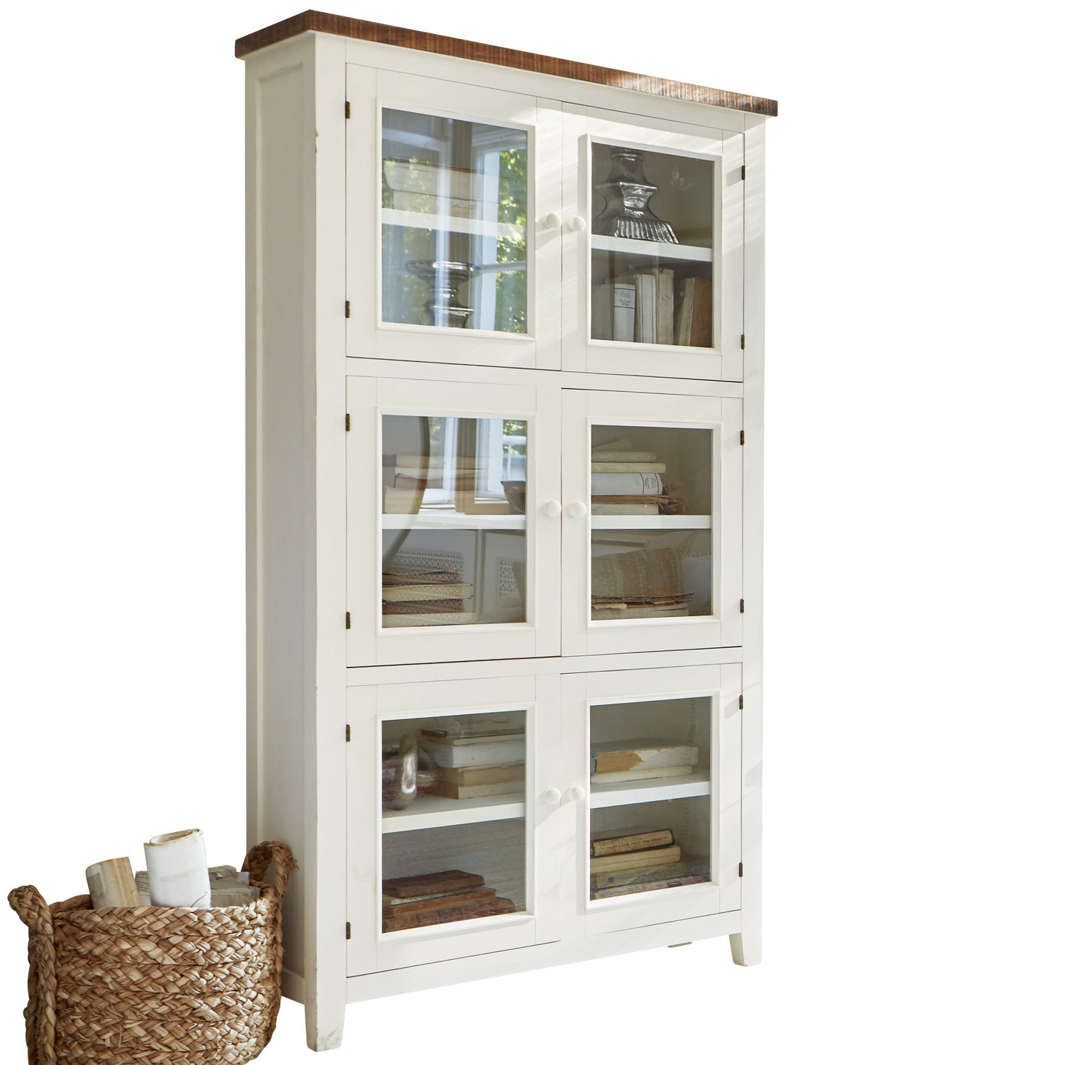 Schrank Yukon Weisse Holzvitrine mit Glastüren und Regalen für Bücher und Dekorationen