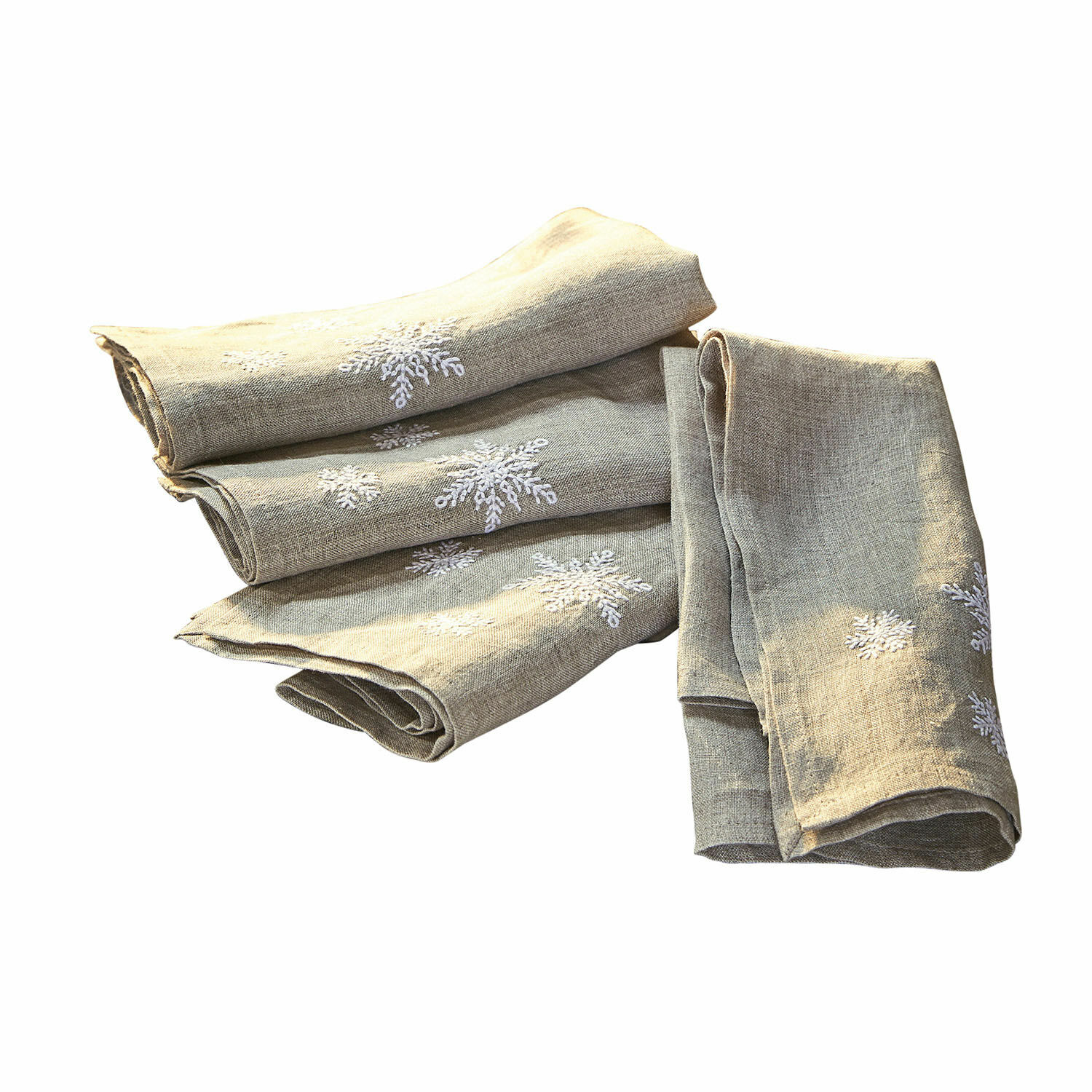 Serviette 4er Set Ruspi Beige Leinenservietten mit weissem Schneeflocken-Stickmuster, winterliche Tischdekoration