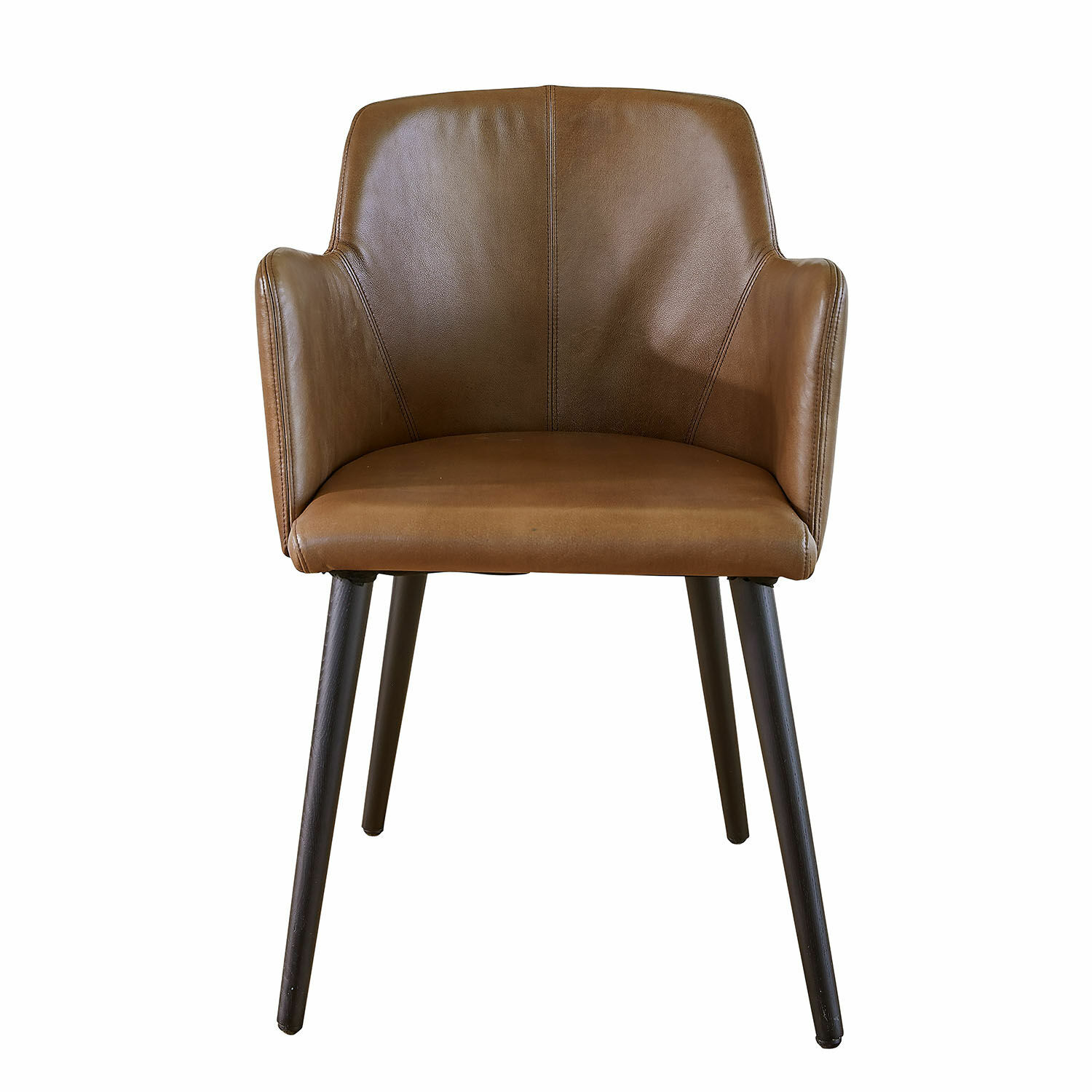 Stuhl Zephiron Brauner Stuhl aus Kunstleder mit schwarzen Beinen, bequem für Esszimmer oder Büro.