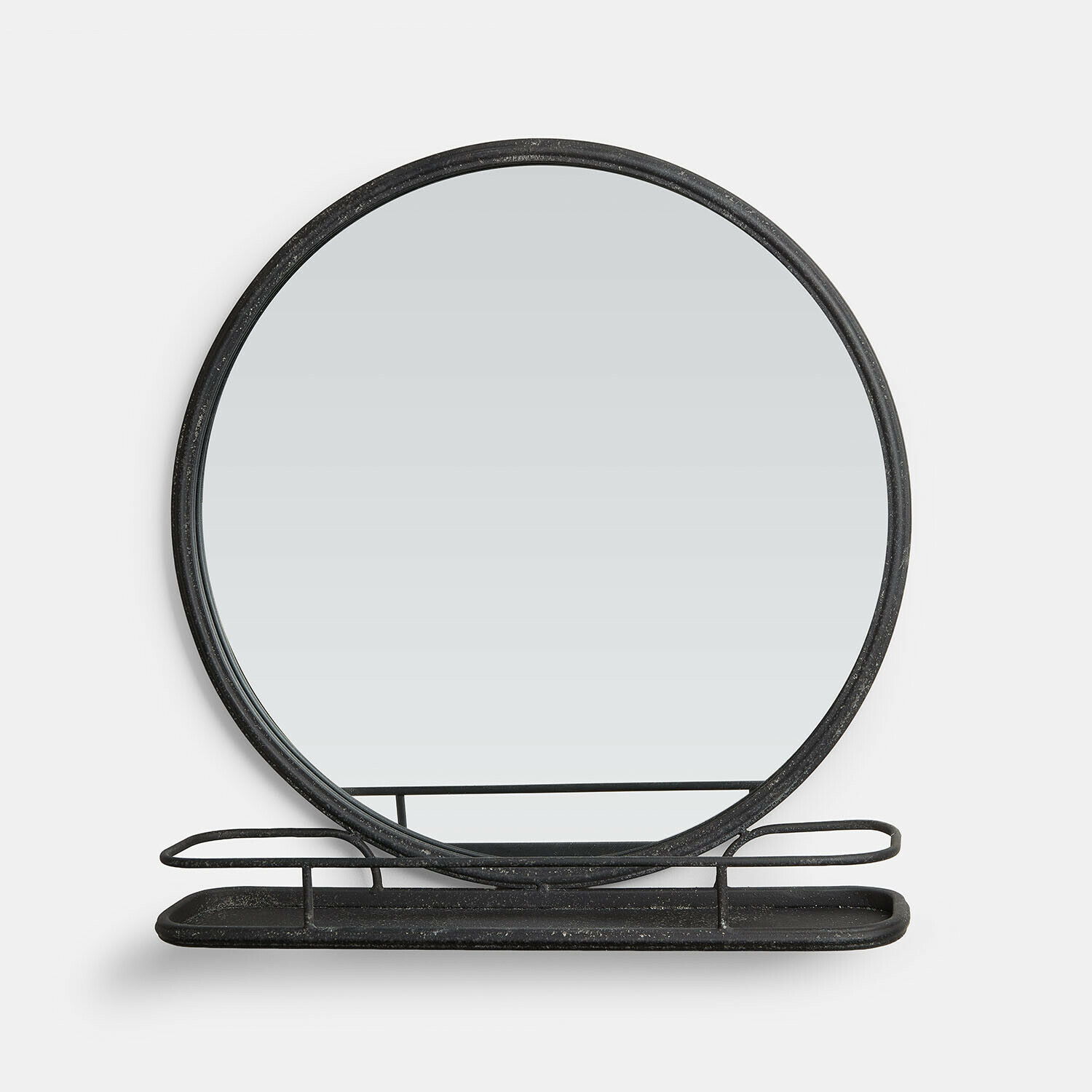 Spiegel Zentros Runder Spiegel aus schwarzem Metall mit Ablage, modernes Design für Flur oder Bad