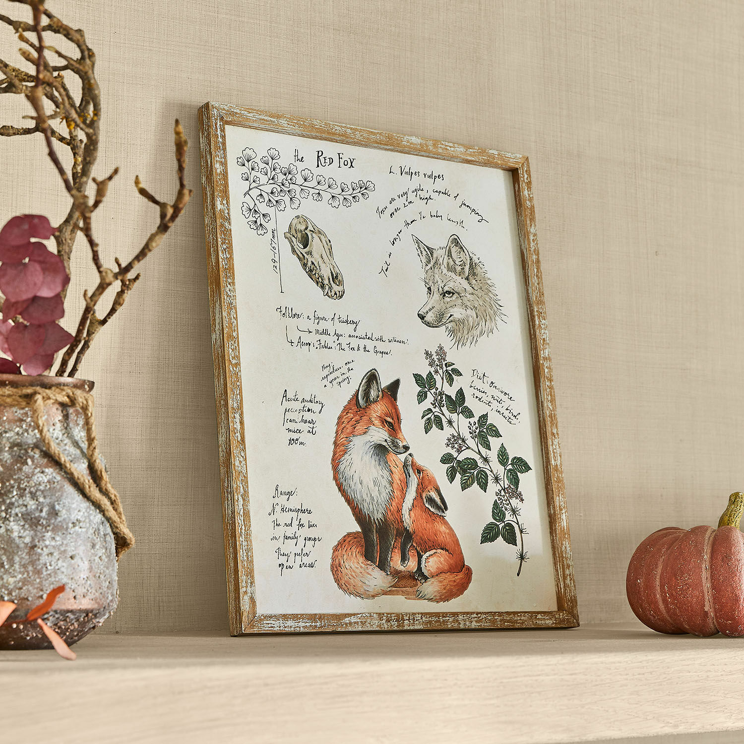 Dekoboard Survie Bild mit Holzrahmen zeigt Rotfuchs-Illustration und handschriftliche Notizen, Vintage-Wanddekoration