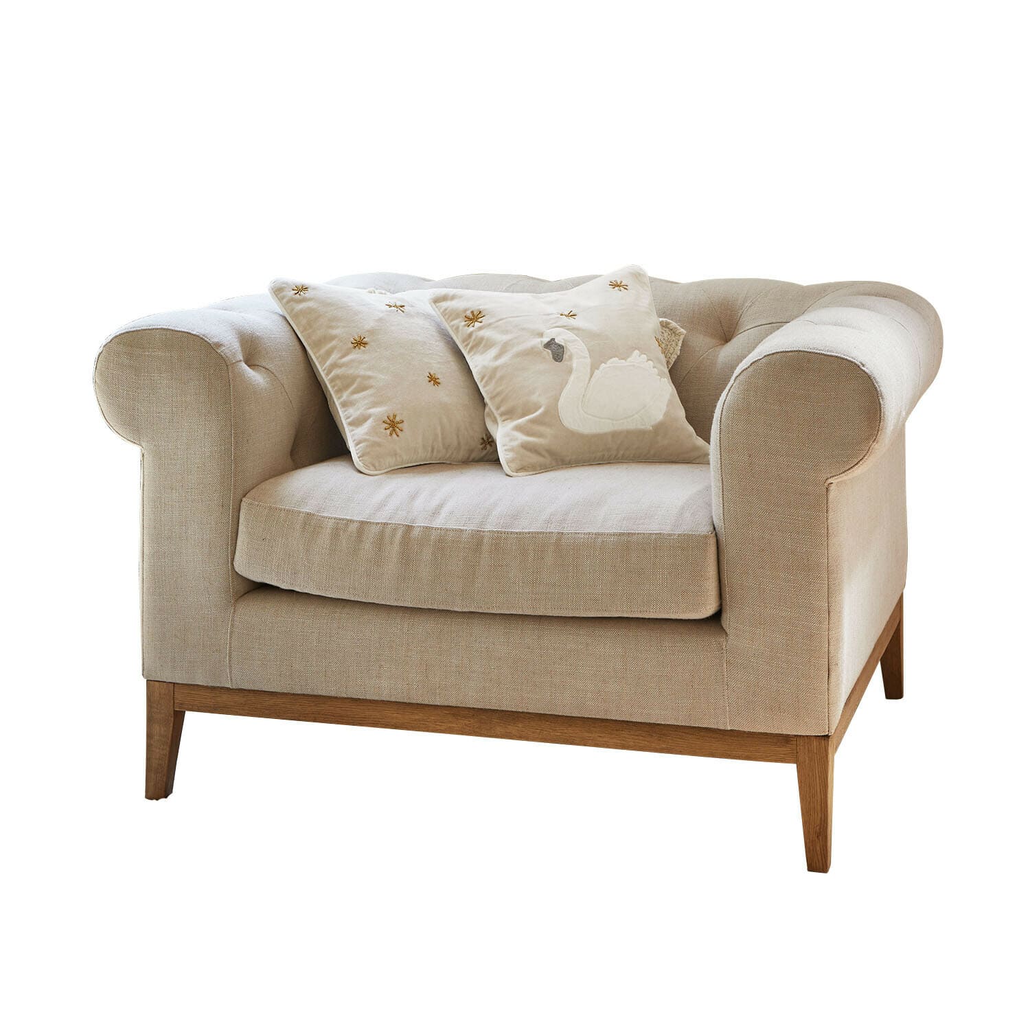 Sessel Fairbourne Beiges Stoffsofa mit Holzgestell und zwei dekorativen Kissen mit Schwan-Stickerei