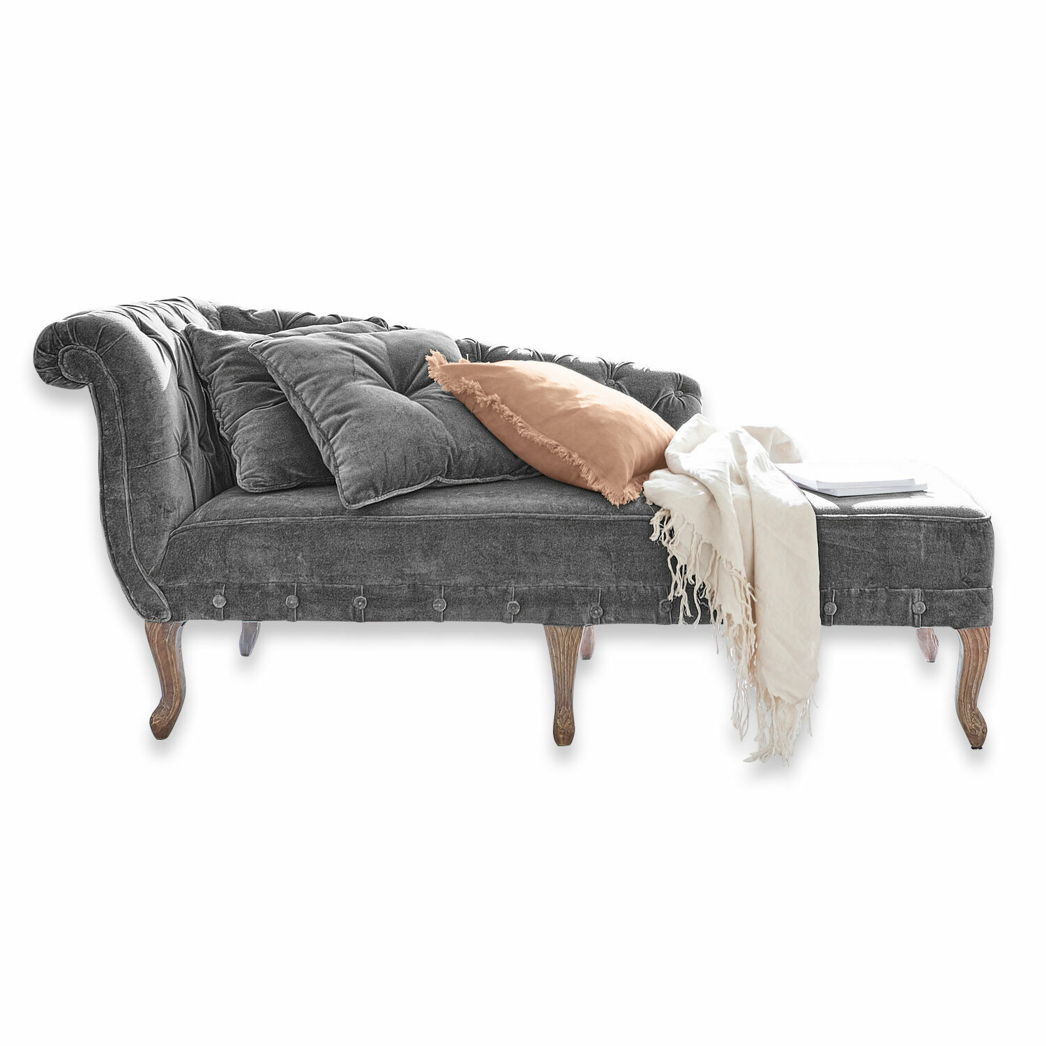 Chaiselongue Viviani Graue Samt-Chaiselongue mit Holzfüssen und Kissen, elegantes Wohnzimmermöbel zum Entspannen