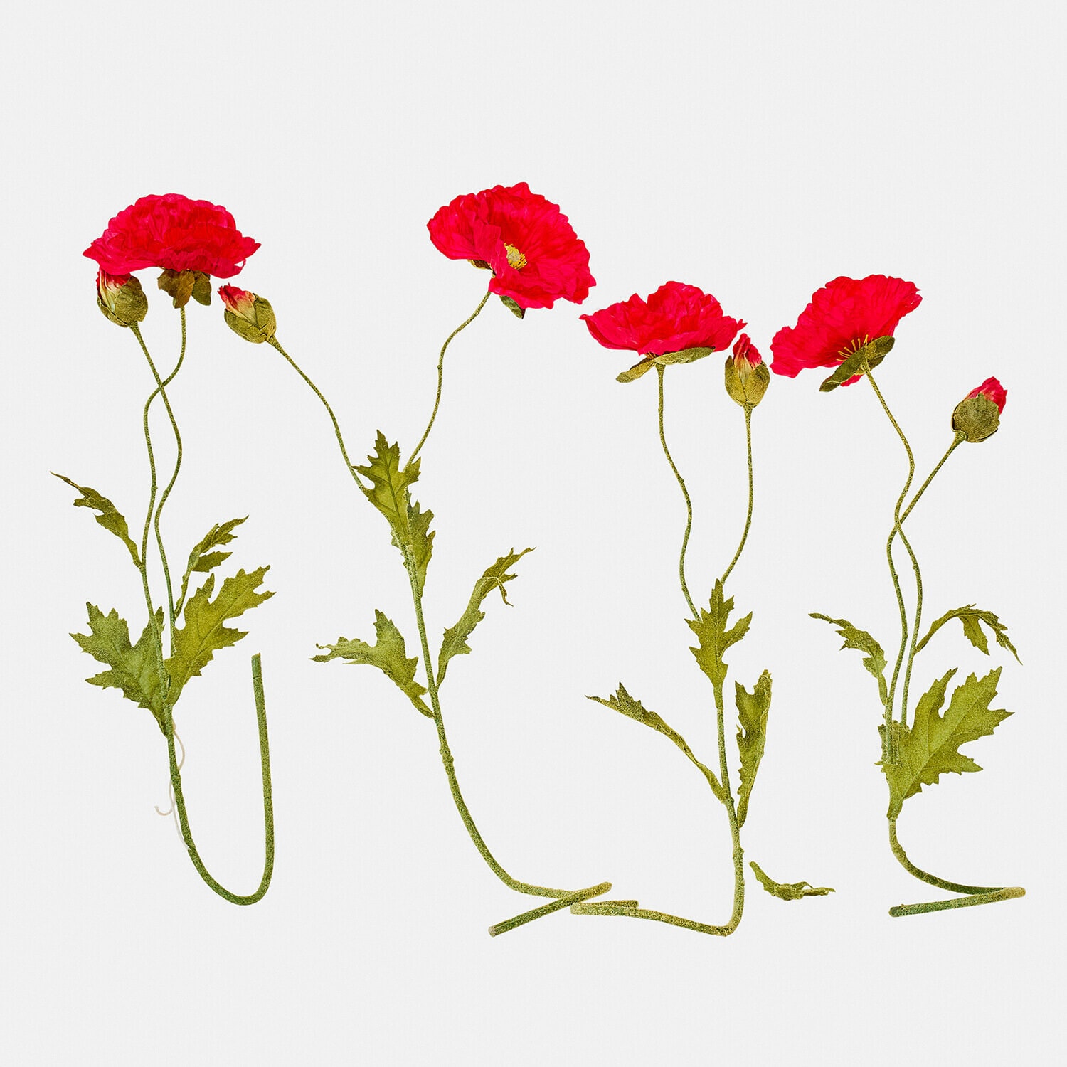 Deko-Blume 4er Set Doravela Künstliche rote Mohnblumen mit grünen Blättern auf weißem Hintergrund, Wohnraumdekoration