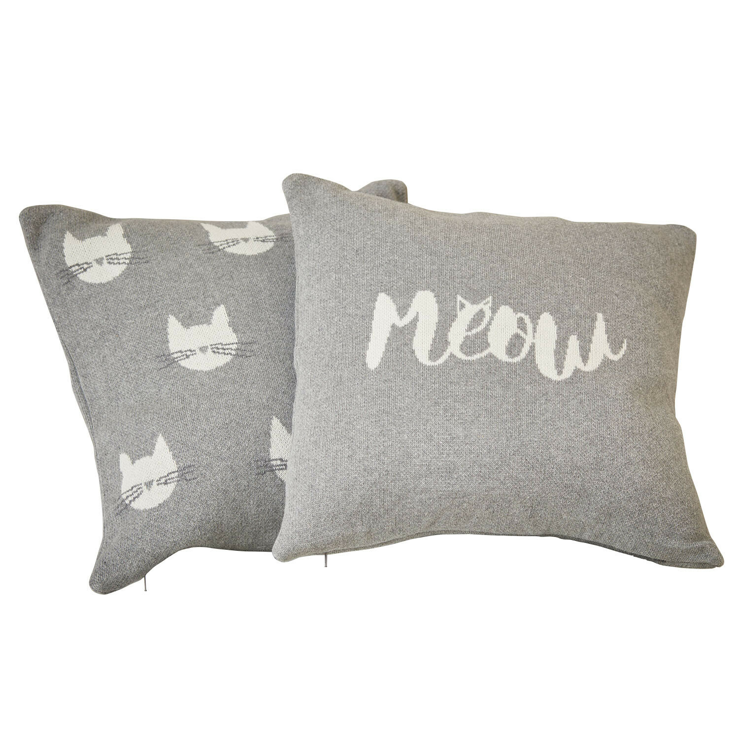 Kissenhülle 2er Set Solviana Graue Kissen mit weissen Katzenmotiven und Schriftzug meow, weiches Material für Wohnraumdeko