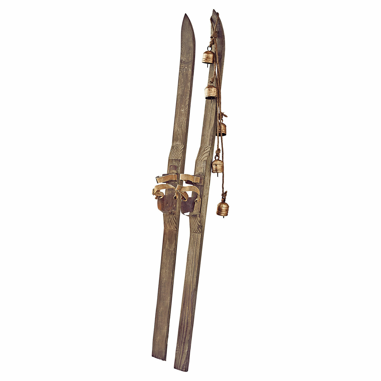 Deko-Ski 2er Set Lambeth Braune Holzski mit Metallglocken an Schnur, dekorativer Vintage-Wandbehang im Landhausstil