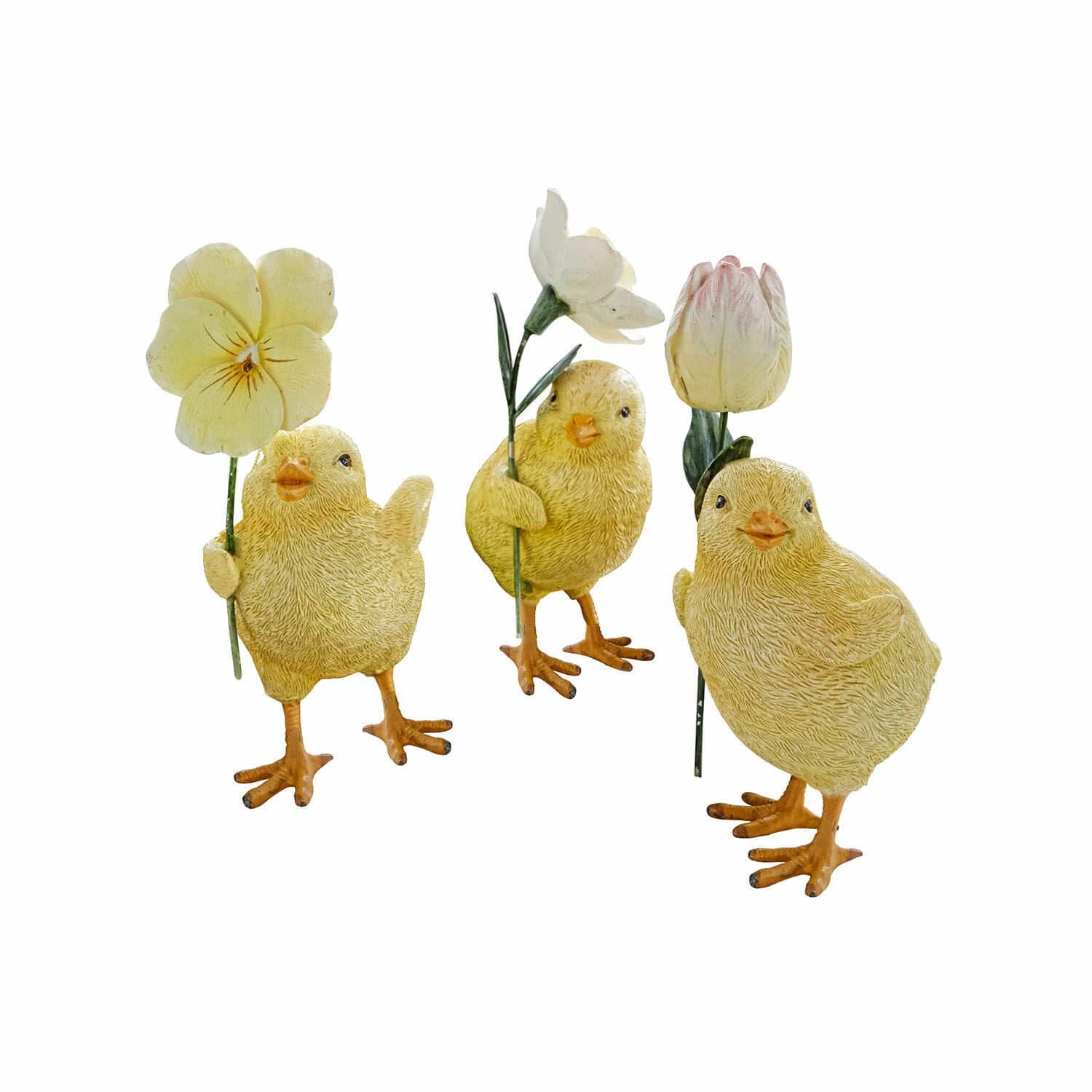 Küken 3er Set Duerre Drei gelbe Deko-Küken aus Kunststoff mit pastellfarbenen Blumen an den Flügeln