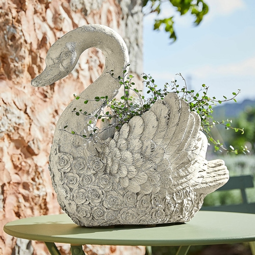 Dekorativer Schwan-Blumentopf aus grauem Beton mit Blumenmuster für den Aussenbereich