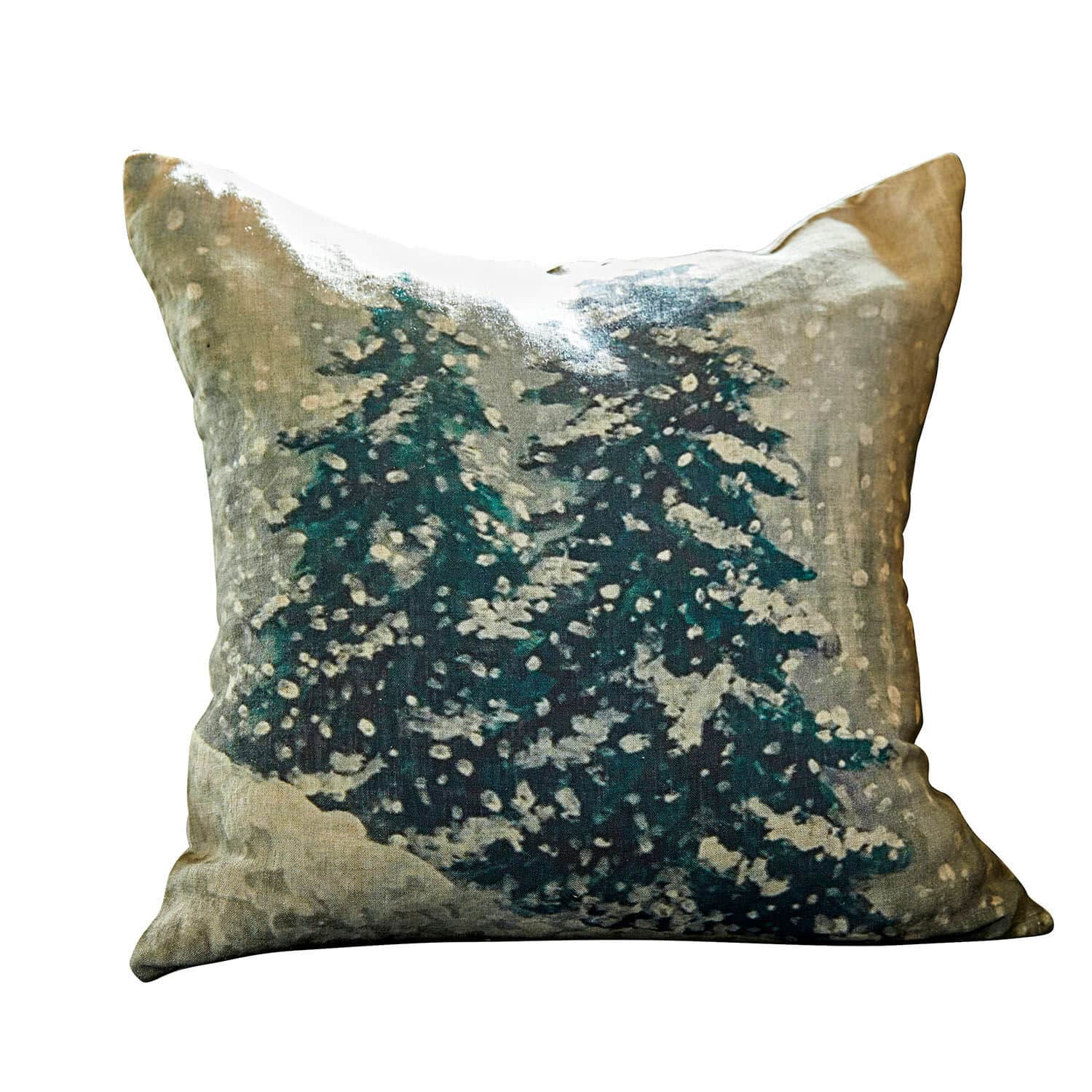 Kissenhülle Mierta Dekorativer Leinen-Kissenbezug mit Tannenbaum-Motiv in winterlichen Farben für die Wohnkultur